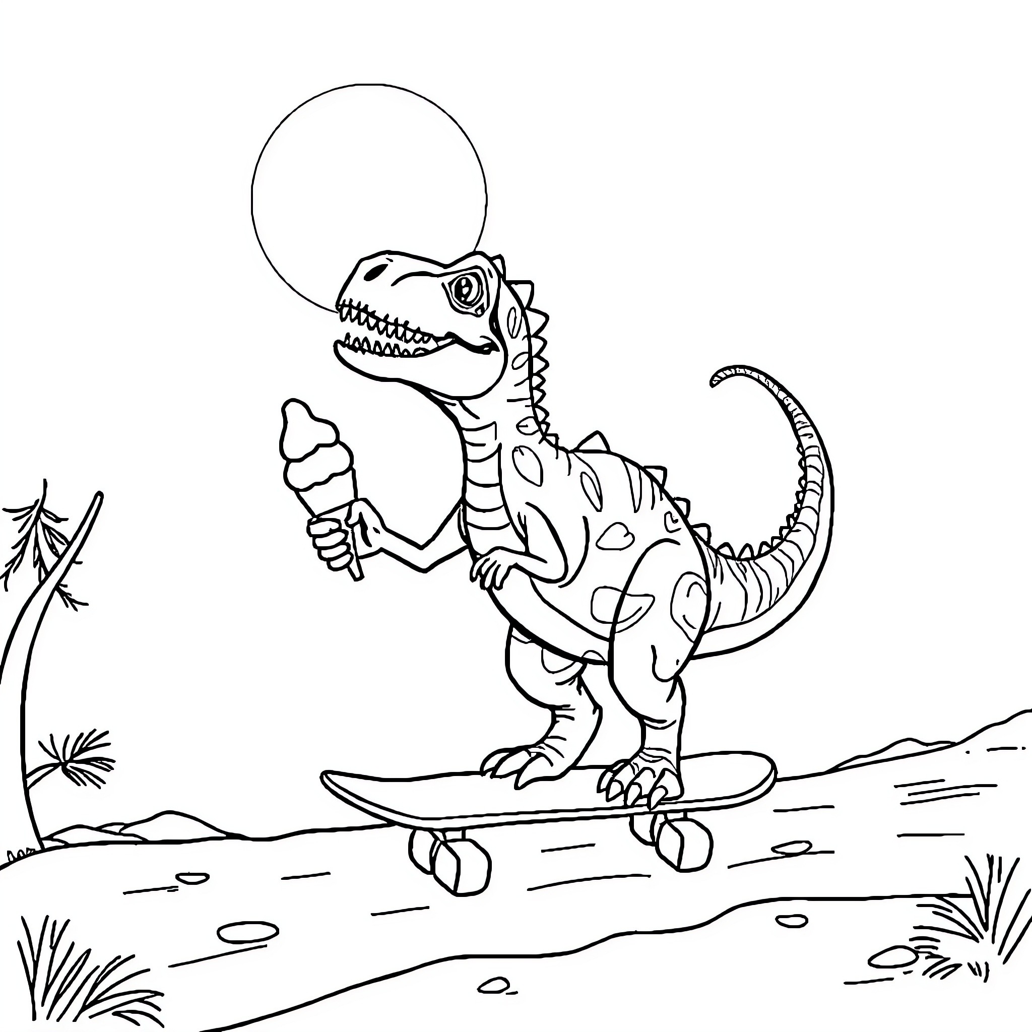 Dinosaur riding a surfboard in nature Coloring Page (free black-and-white line drawing printable PDF for all, from beginners to advanced learners, including children, teens, adults, and seniors)