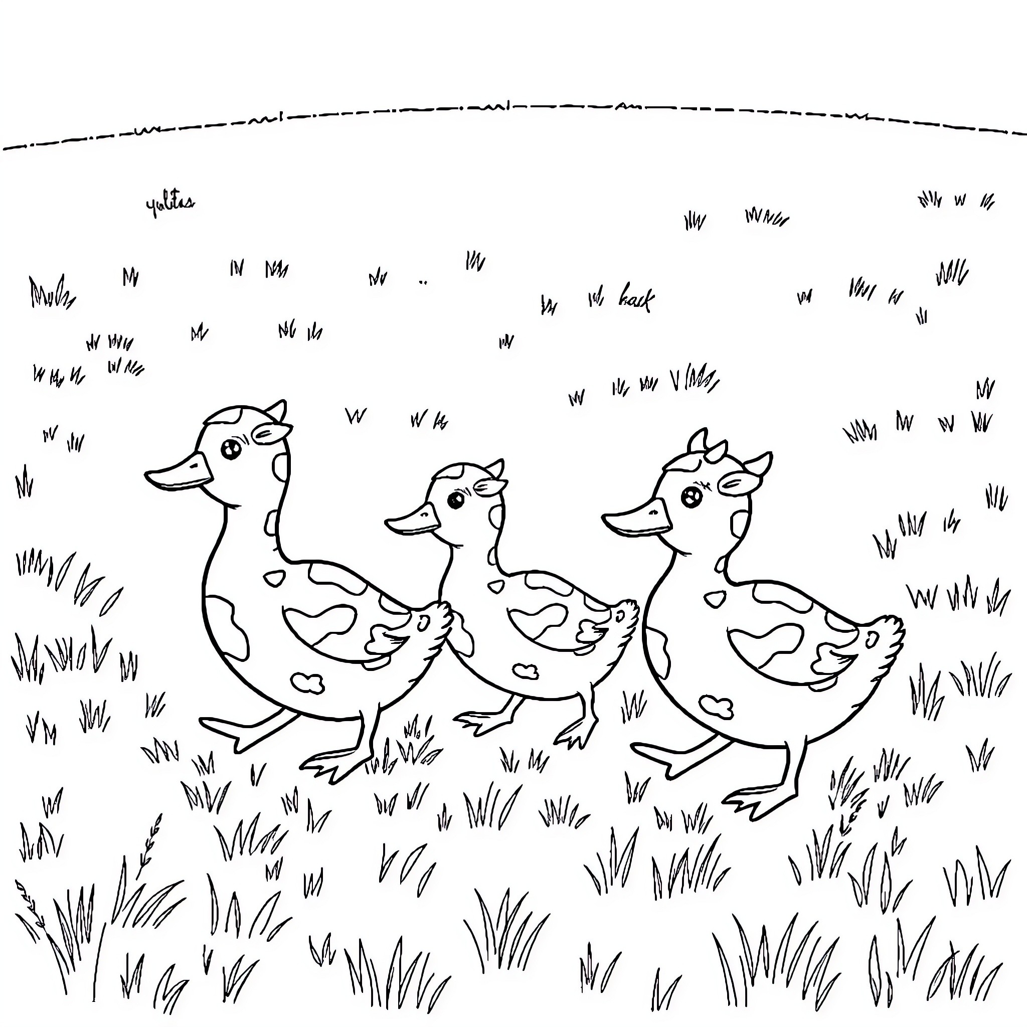 Duck family exploring the field Coloring Page (free black-and-white line drawing printable PDF for all, from beginners to advanced learners, including children, teens, adults, and seniors)