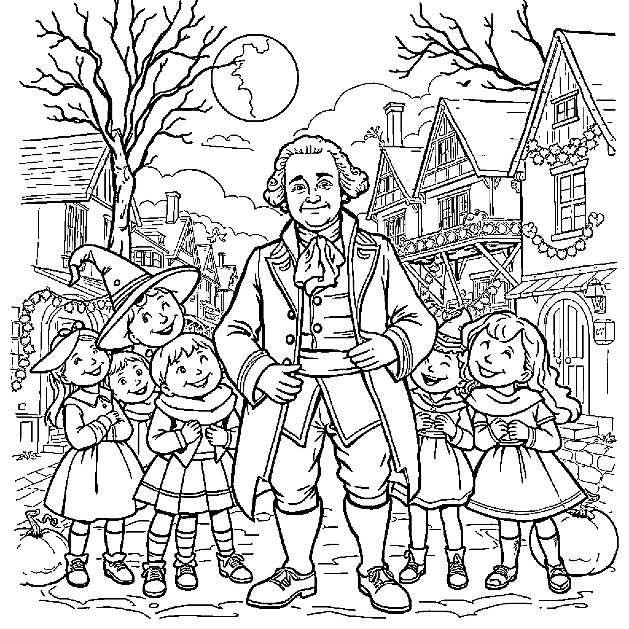 George Washington Surrounded by Children in a Wintry Village Coloring Page (free black-and-white line drawing printable PDF for all, from beginners to advanced learners, including children, teens, adults, and seniors)