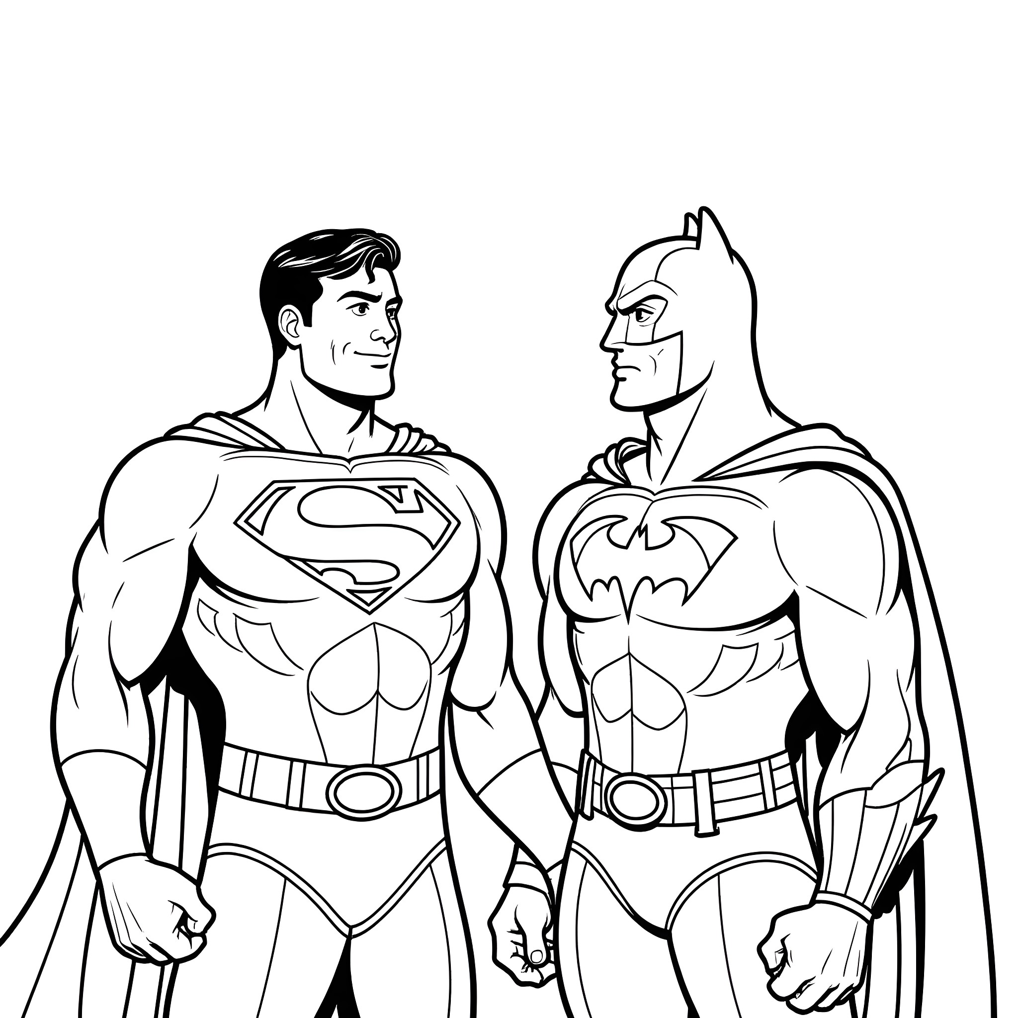 Superman and Batman in heroic poses Coloring Page (free black-and-white line drawing printable PDF for all, from beginners to advanced learners, including children, teens, adults, and seniors)