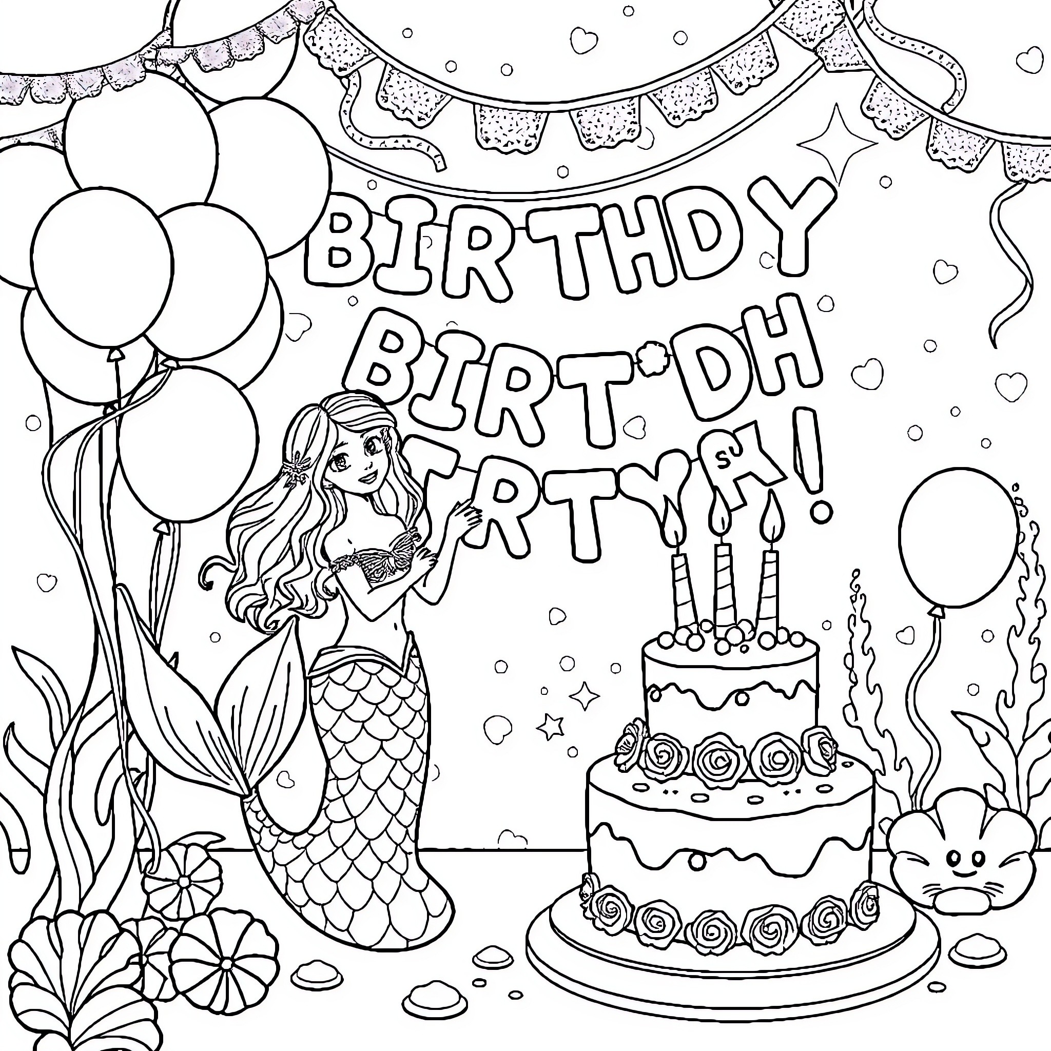 Mermaid Birthday Party Celebration Coloring Page (free black-and-white line drawing printable PDF for all, from beginners to advanced learners, including children, teens, adults, and seniors)