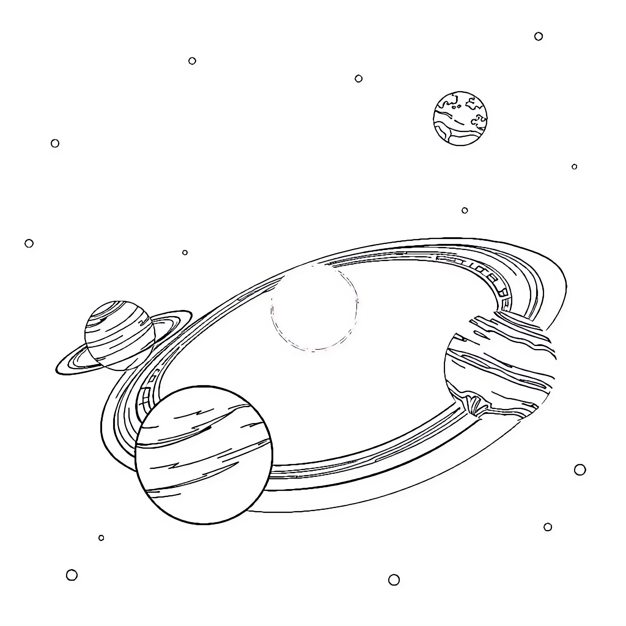 Planet and its celestial surroundings Coloring Page (free black-and-white line drawing printable PDF for all, from beginners to advanced learners, including children, teens, adults, and seniors)