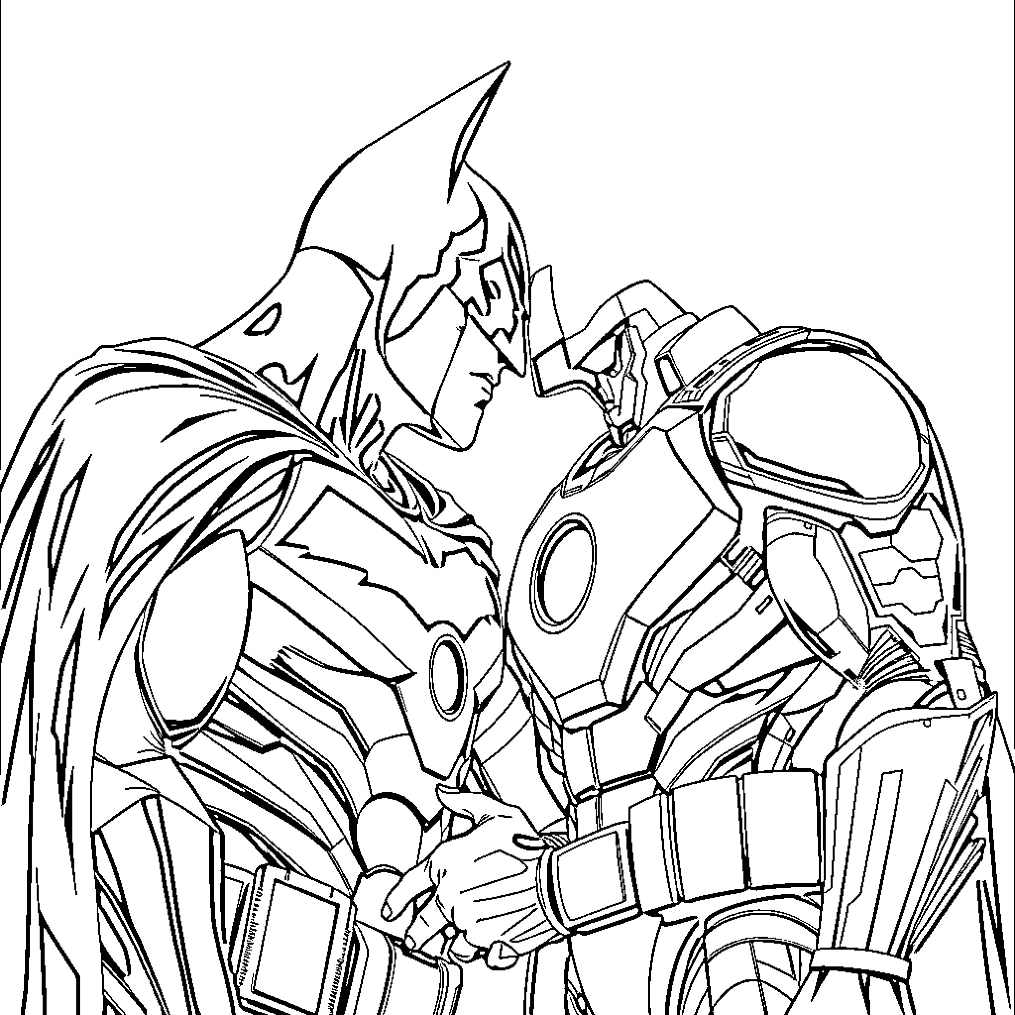 Batman in epic battle with armored foe Coloring Page (free black-and-white line drawing printable PDF for all, from beginners to advanced learners, including children, teens, adults, and seniors)