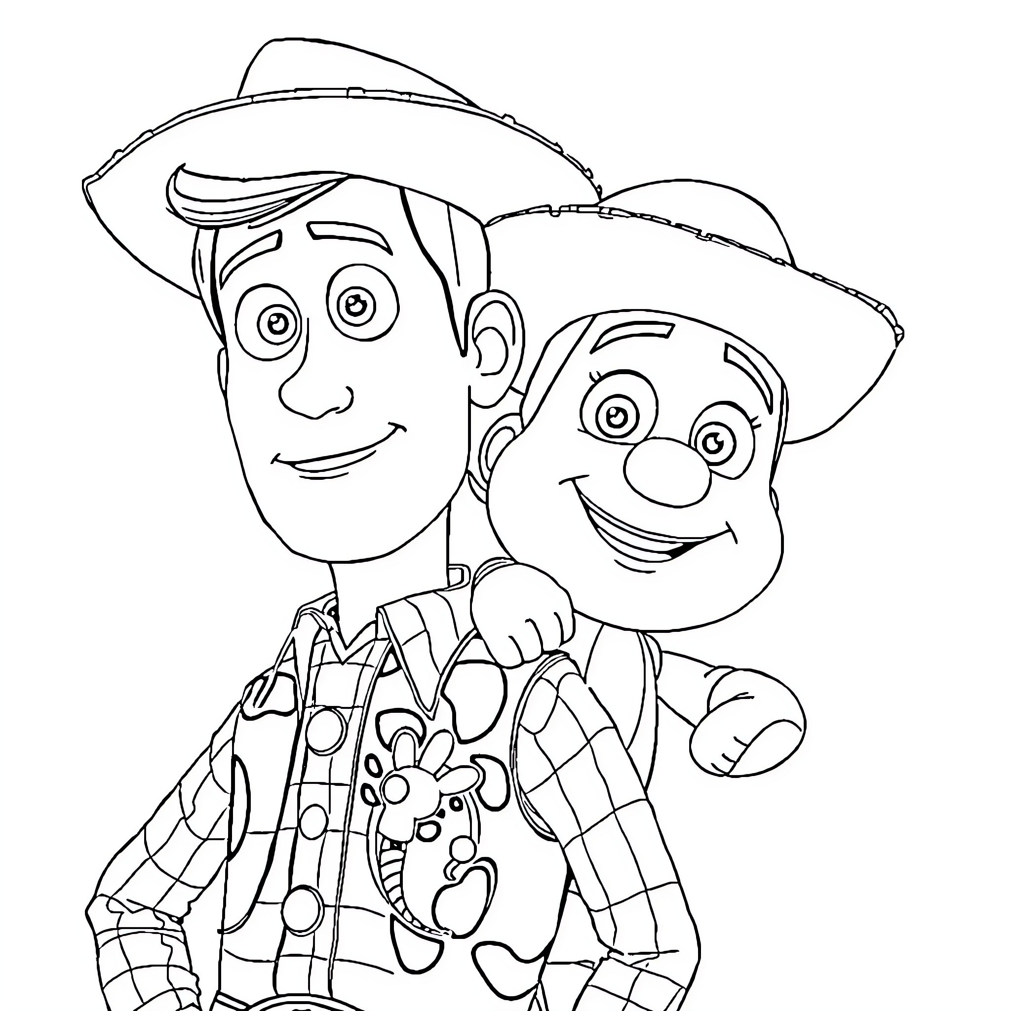 Andy and his friend exploring happily Coloring Page (free black-and-white line drawing printable PDF for all, from beginners to advanced learners, including children, teens, adults, and seniors)