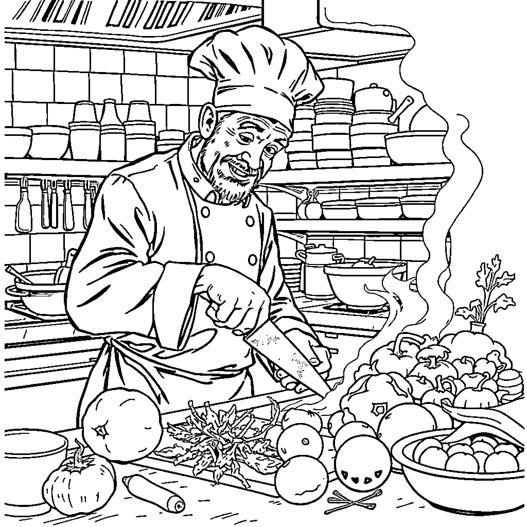 Chef cooking happily in the kitchen Coloring Page (free black-and-white line drawing printable PDF for all, from beginners to advanced learners, including children, teens, adults, and seniors)