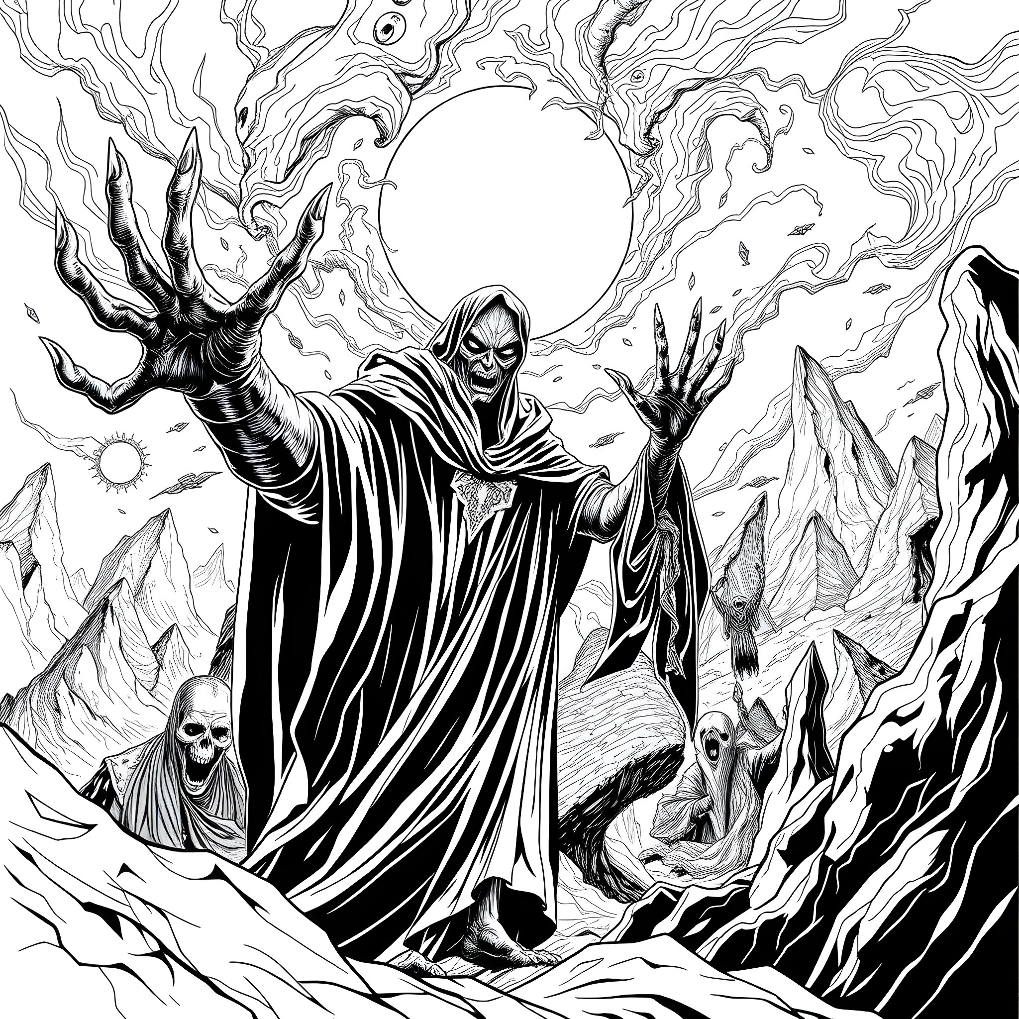 God Hand Summoning Mystical Forces in Dark Realm Coloring Page (free black-and-white line drawing printable PDF for all, from beginners to advanced learners, including children, teens, adults, and seniors)