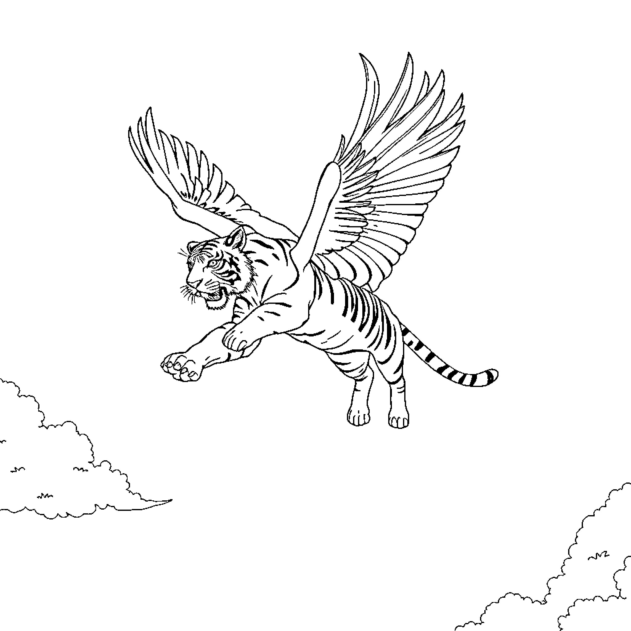 Flying Tiger Soaring Through the Clouds Coloring Page (free black-and-white line drawing printable PDF for all, from beginners to advanced learners, including children, teens, adults, and seniors)
