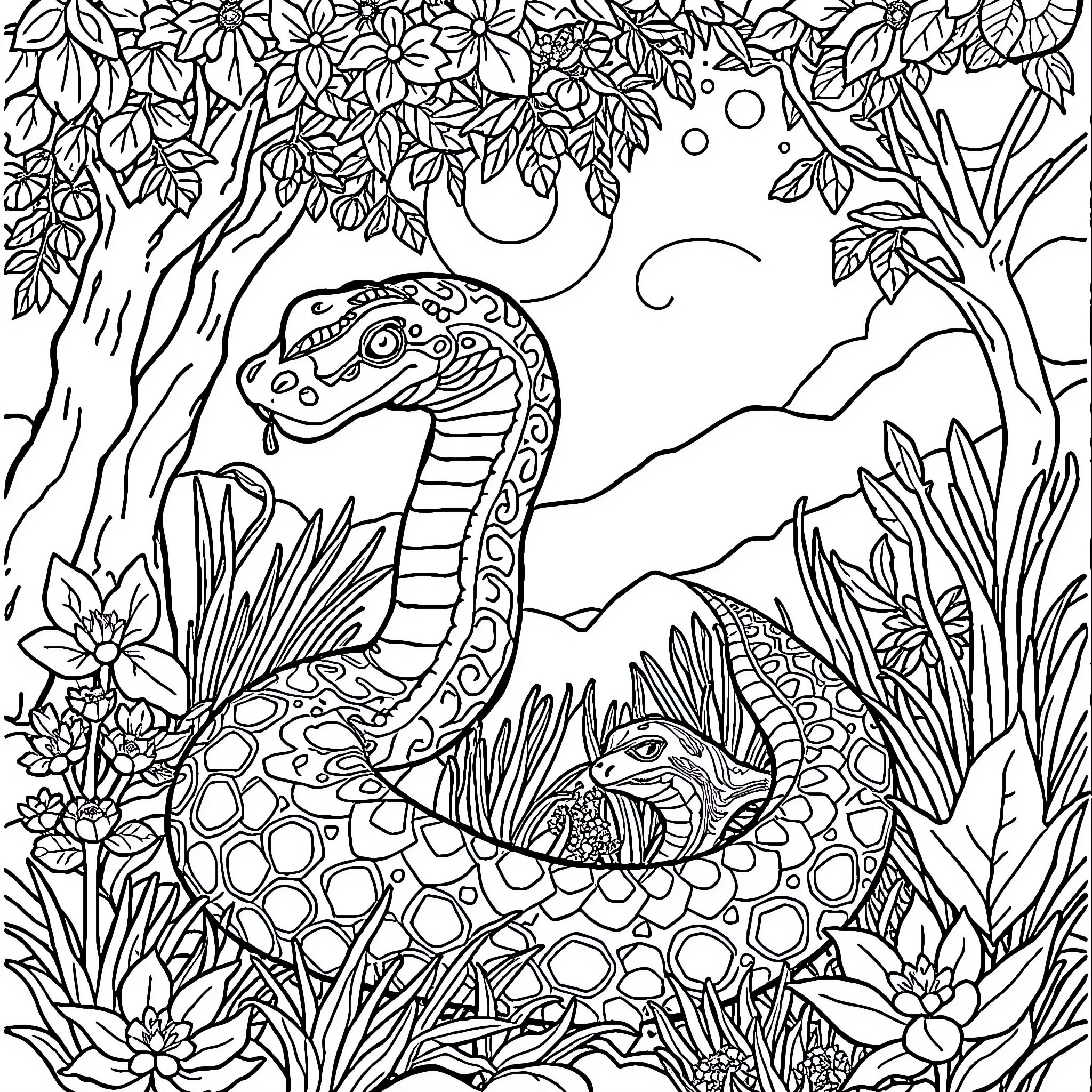 Snake among whimsical flowers and plants Coloring Page (free black-and-white line drawing printable PDF for all, from beginners to advanced learners, including children, teens, adults, and seniors)