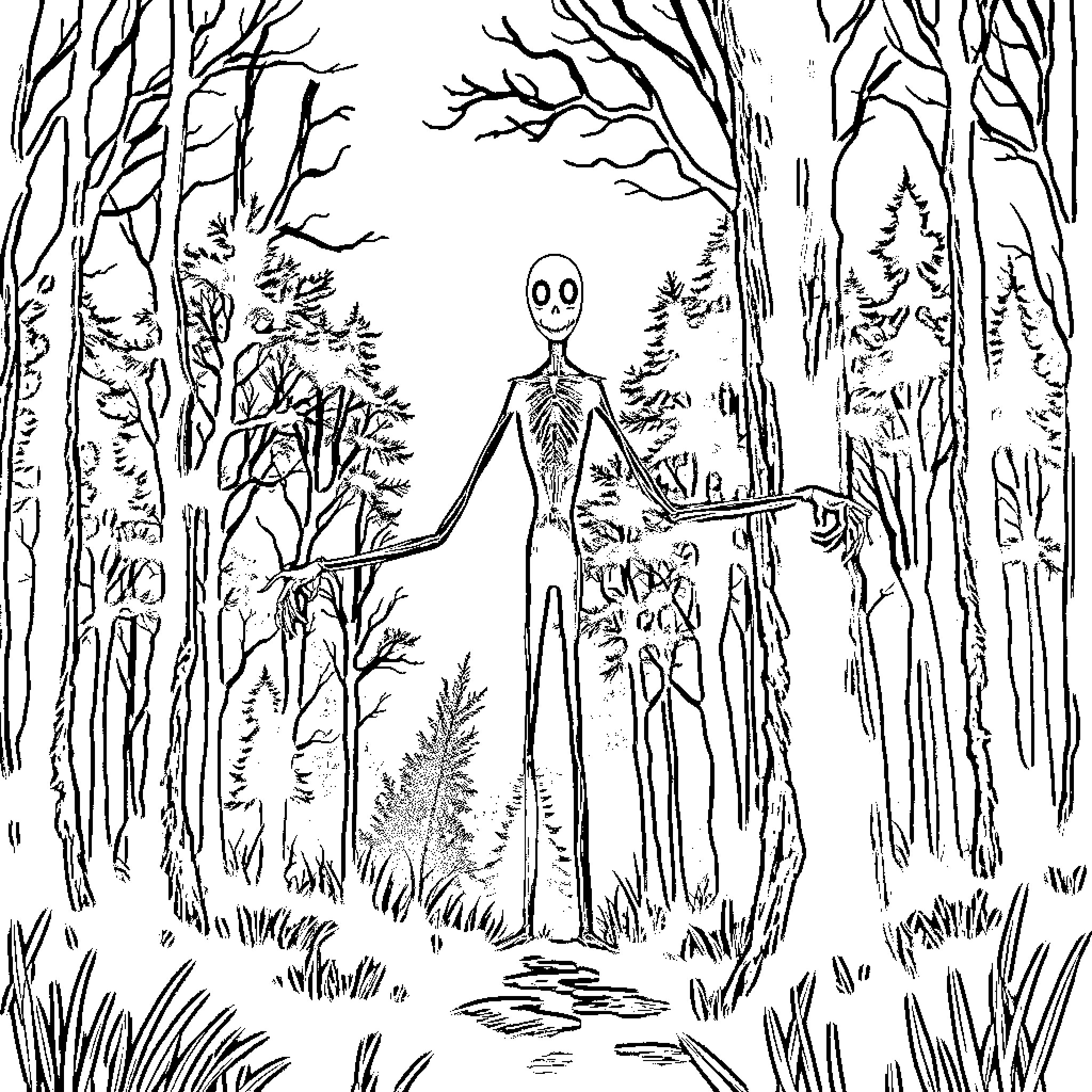 Slenderman in the Eerie Forest Coloring Page (free black-and-white line drawing printable PDF for all, from beginners to advanced learners, including children, teens, adults, and seniors)