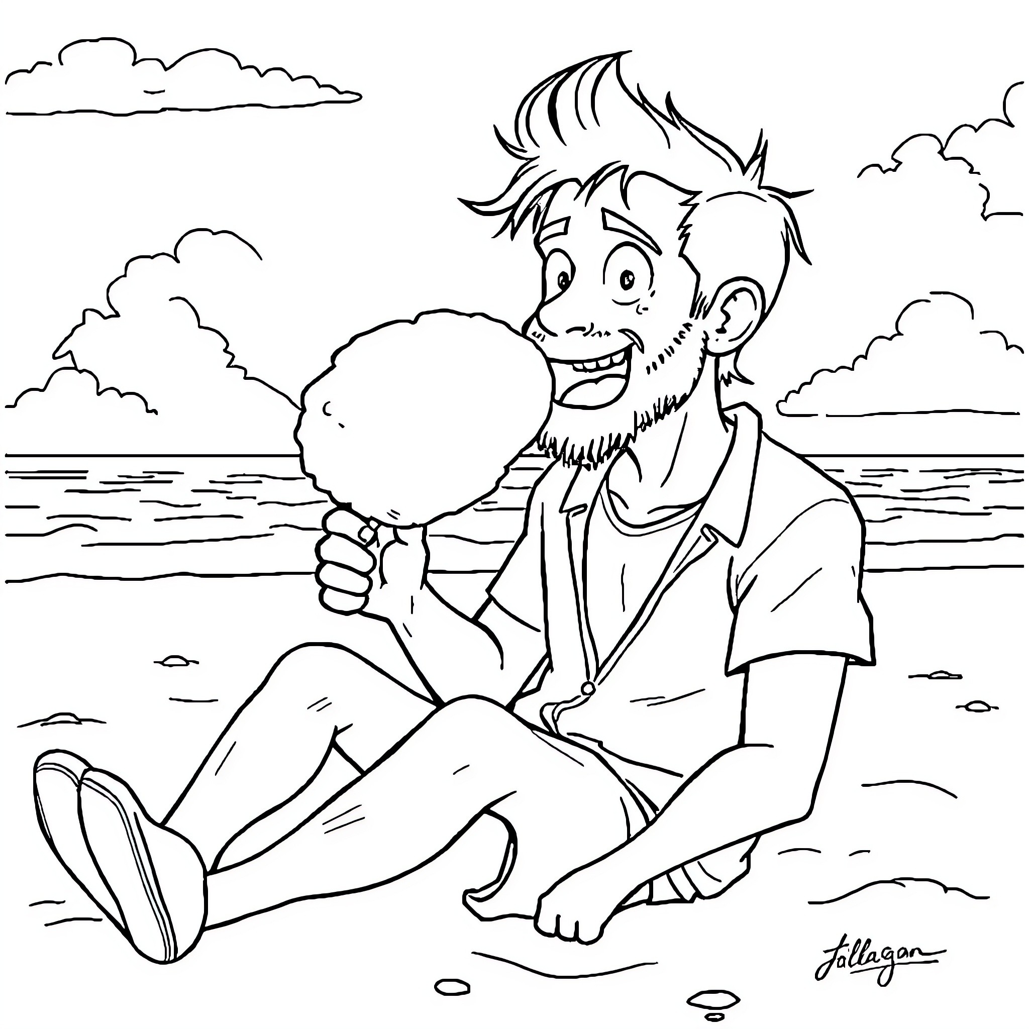Jesse Pinkman enjoying a carefree moment on the beach Coloring Page (free black-and-white line drawing printable PDF for all, from beginners to advanced learners, including children, teens, adults, and seniors)