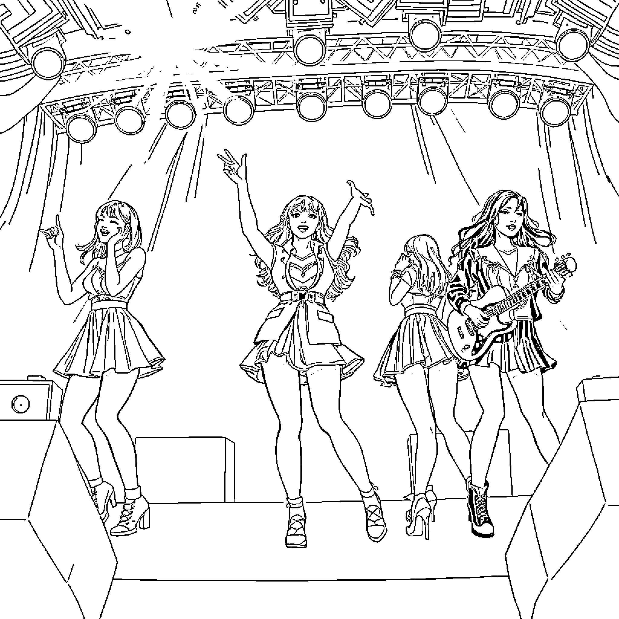 Kpop Performers on Stage with Lively Dance Moves Coloring Page (free black-and-white line drawing printable PDF for all, from beginners to advanced learners, including children, teens, adults, and seniors)