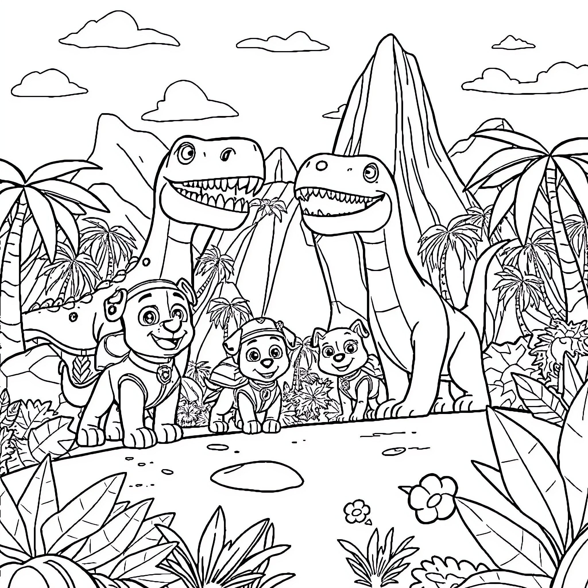 Paw Patrol characters exploring the jungle Coloring Page (free black-and-white line drawing printable PDF for all, from beginners to advanced learners, including children, teens, adults, and seniors)