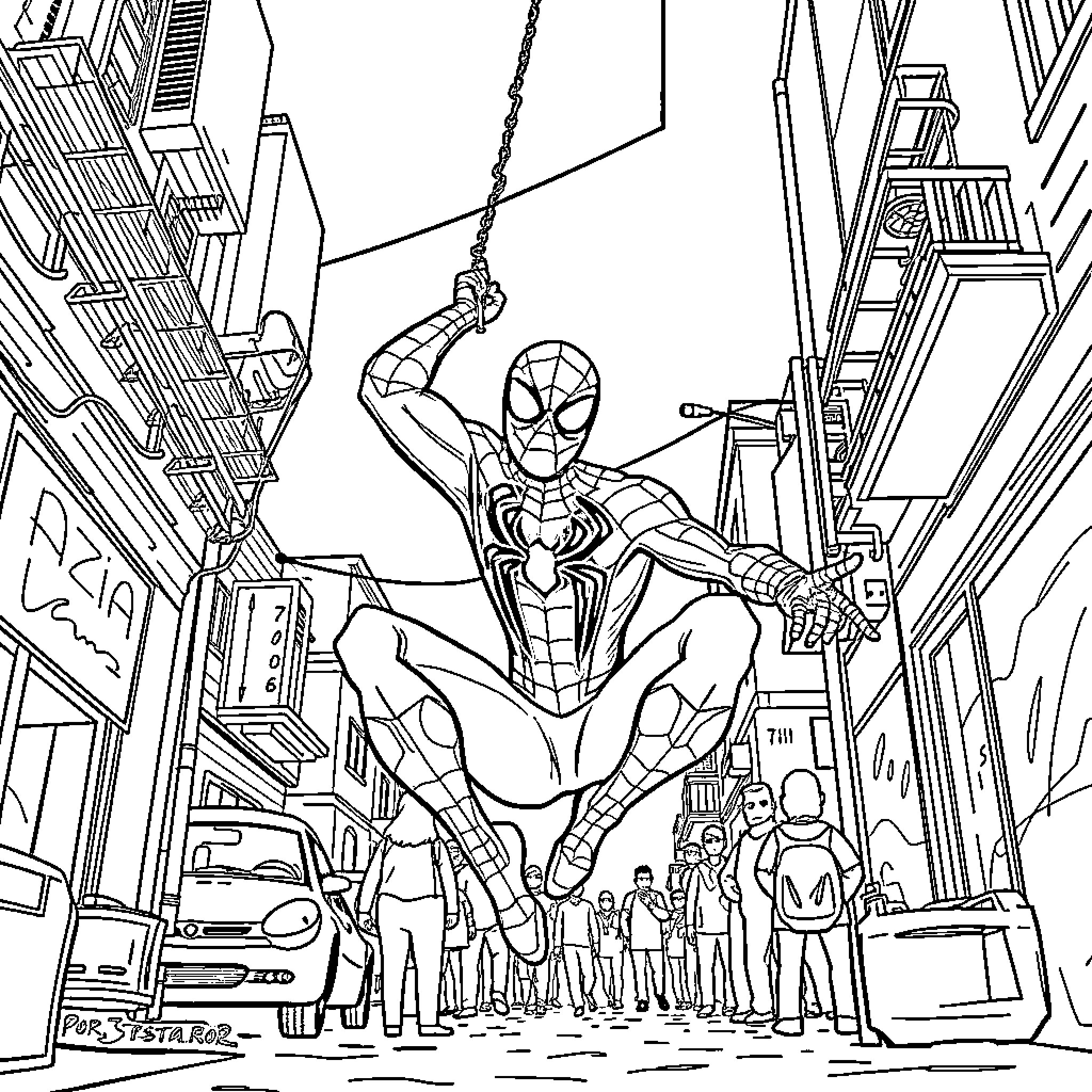 Spider-Man swinging through the city, rescuing civilians Coloring Page (free black-and-white line drawing printable PDF for all, from beginners to advanced learners, including children, teens, adults, and seniors)