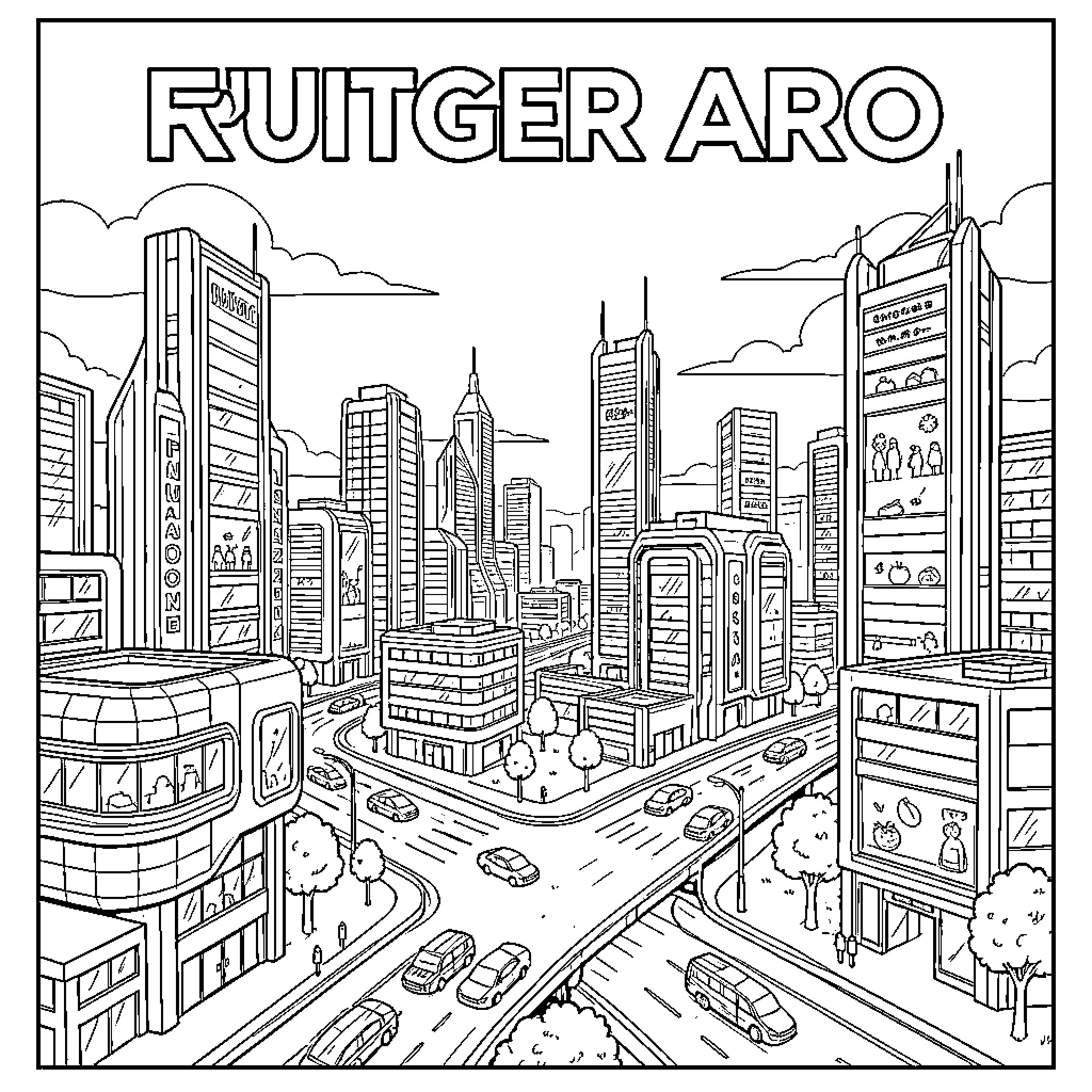 Town with bustling cityscape and skyscrapers Coloring Page (free black-and-white line drawing printable PDF for all, from beginners to advanced learners, including children, teens, adults, and seniors)