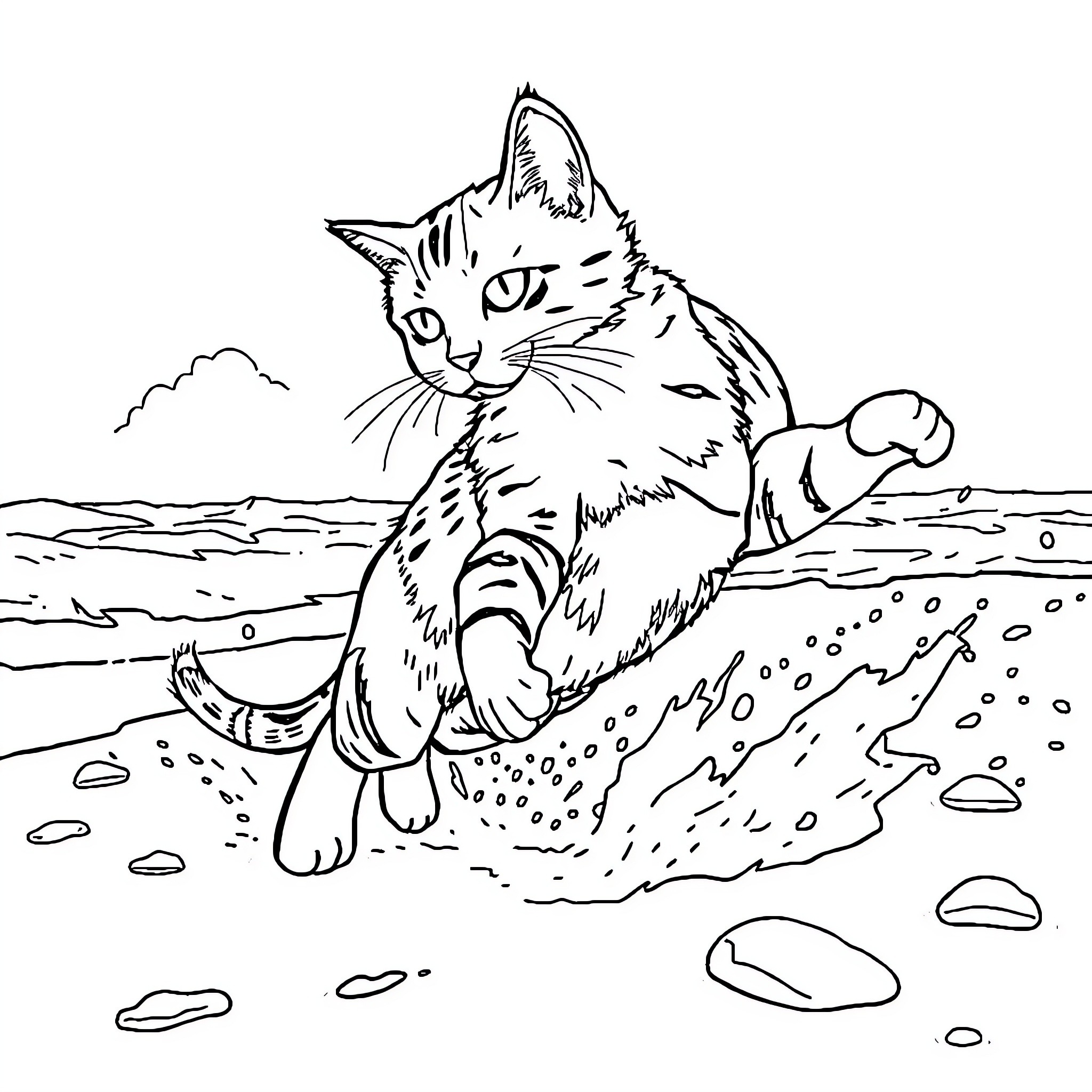 Cat exploring the beach Coloring Page (free black-and-white line drawing printable PDF for all, from beginners to advanced learners, including children, teens, adults, and seniors)
