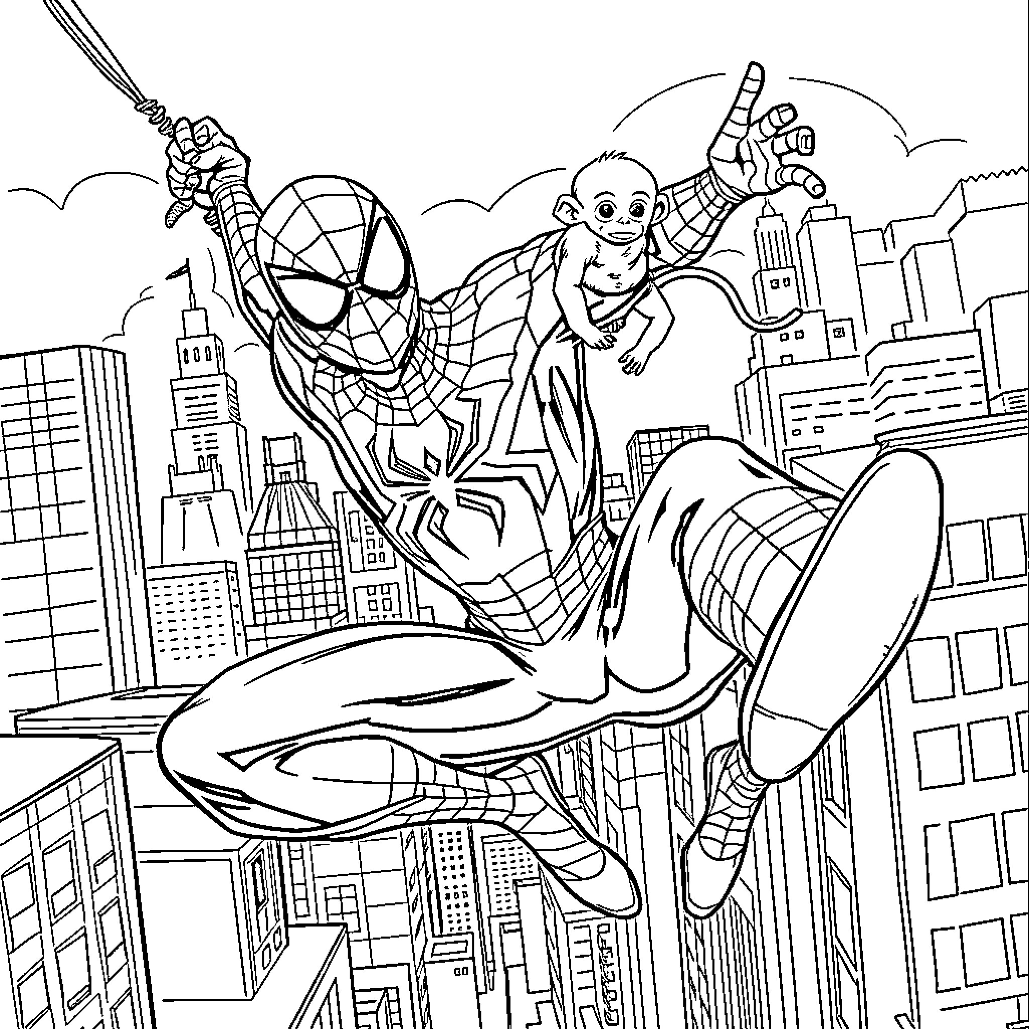 Spider-Man swinging through the city with an alien companion Coloring Page (free black-and-white line drawing printable PDF for all, from beginners to advanced learners, including children, teens, adults, and seniors)
