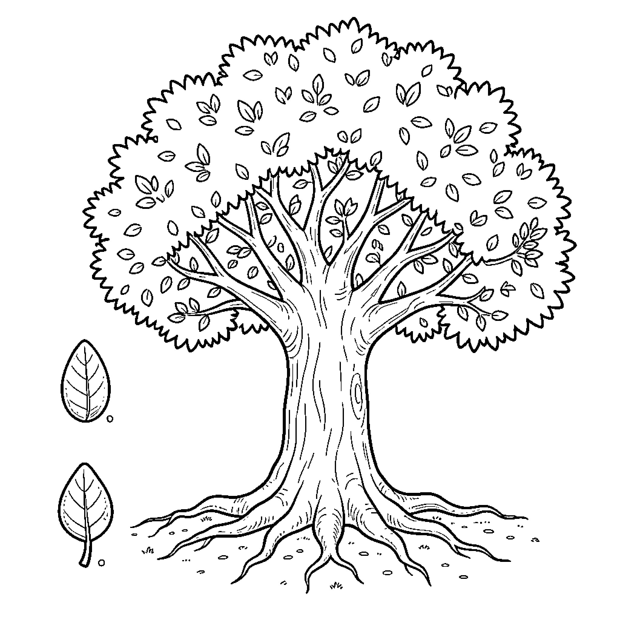 Tree with flowing branches and leaves Coloring Page (free black-and-white line drawing printable PDF for all, from beginners to advanced learners, including children, teens, adults, and seniors)