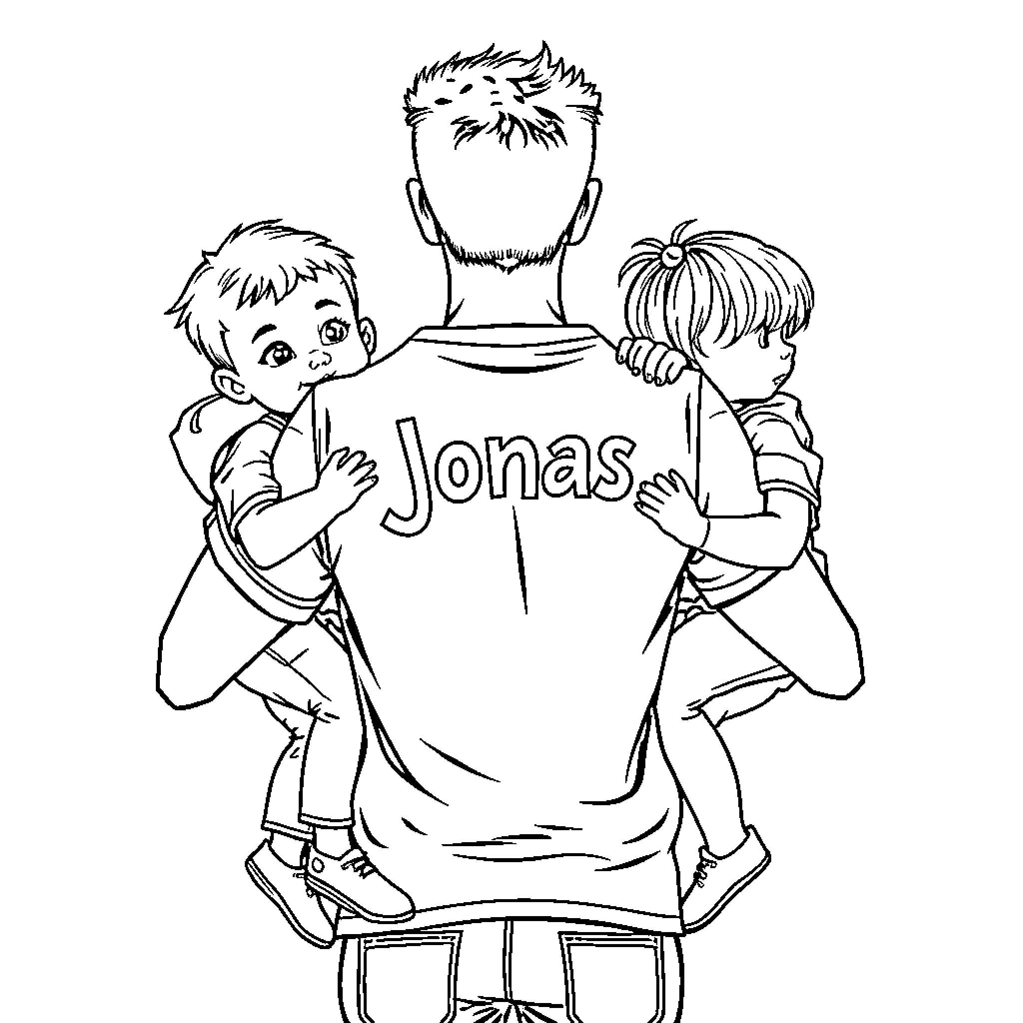 Man with children playing and embracing Coloring Page (free black-and-white line drawing printable PDF for all, from beginners to advanced learners, including children, teens, adults, and seniors)