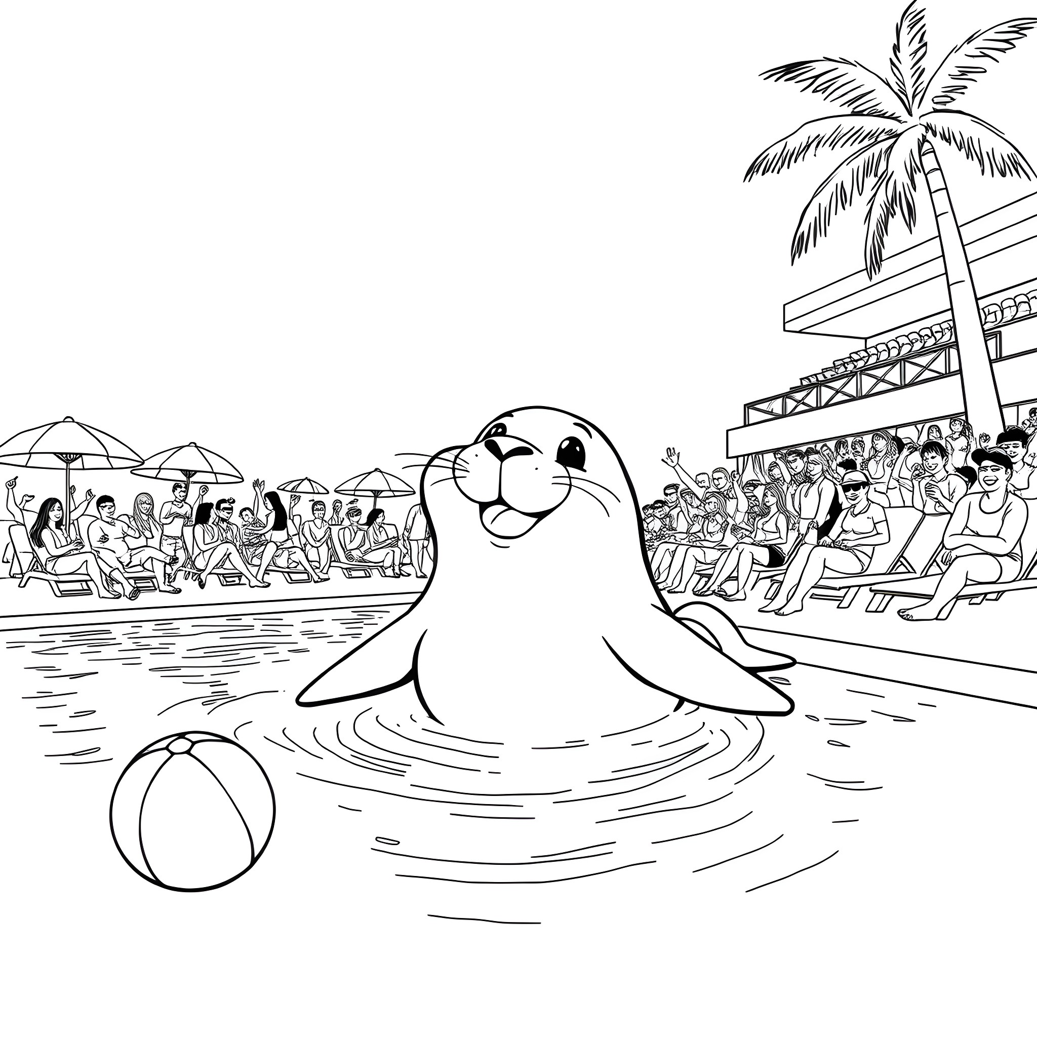 Lou Seal splashing in the pool with beachgoers Coloring Page (free black-and-white line drawing printable PDF for all, from beginners to advanced learners, including children, teens, adults, and seniors)