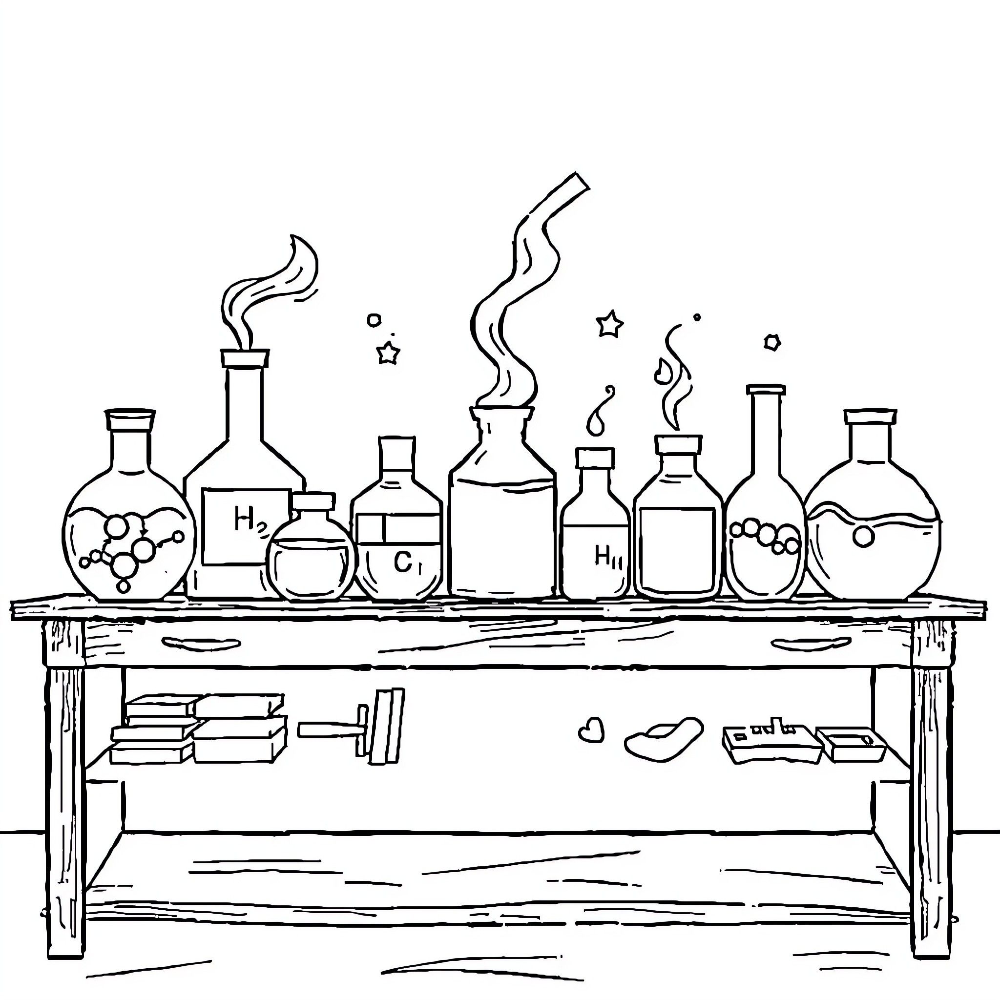 Element of scientific lab equipment on wooden table Coloring Page (free black-and-white line drawing printable PDF for all, from beginners to advanced learners, including children, teens, adults, and seniors)