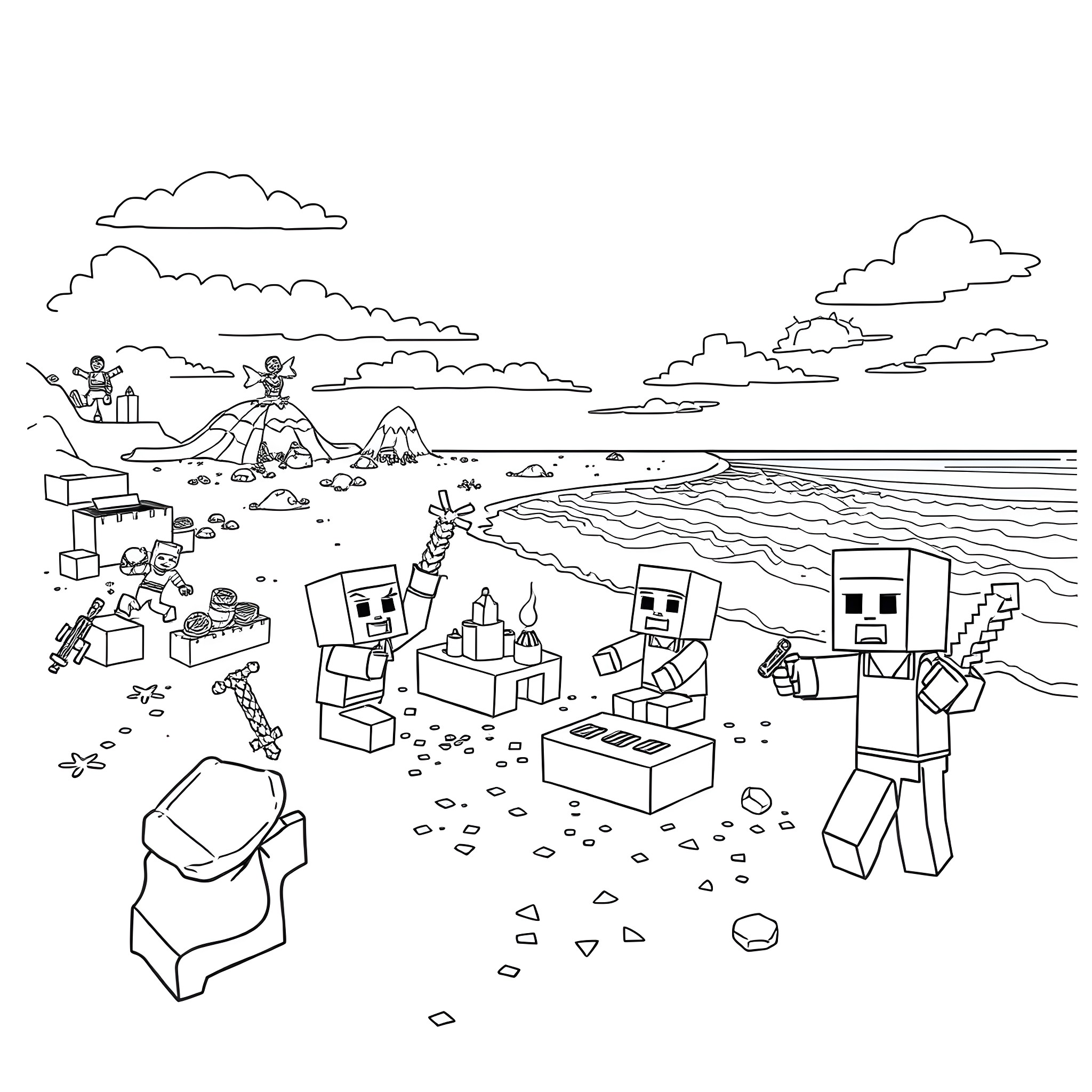 Minecraft characters exploring a beach landscape Coloring Page (free black-and-white line drawing printable PDF for all, from beginners to advanced learners, including children, teens, adults, and seniors)