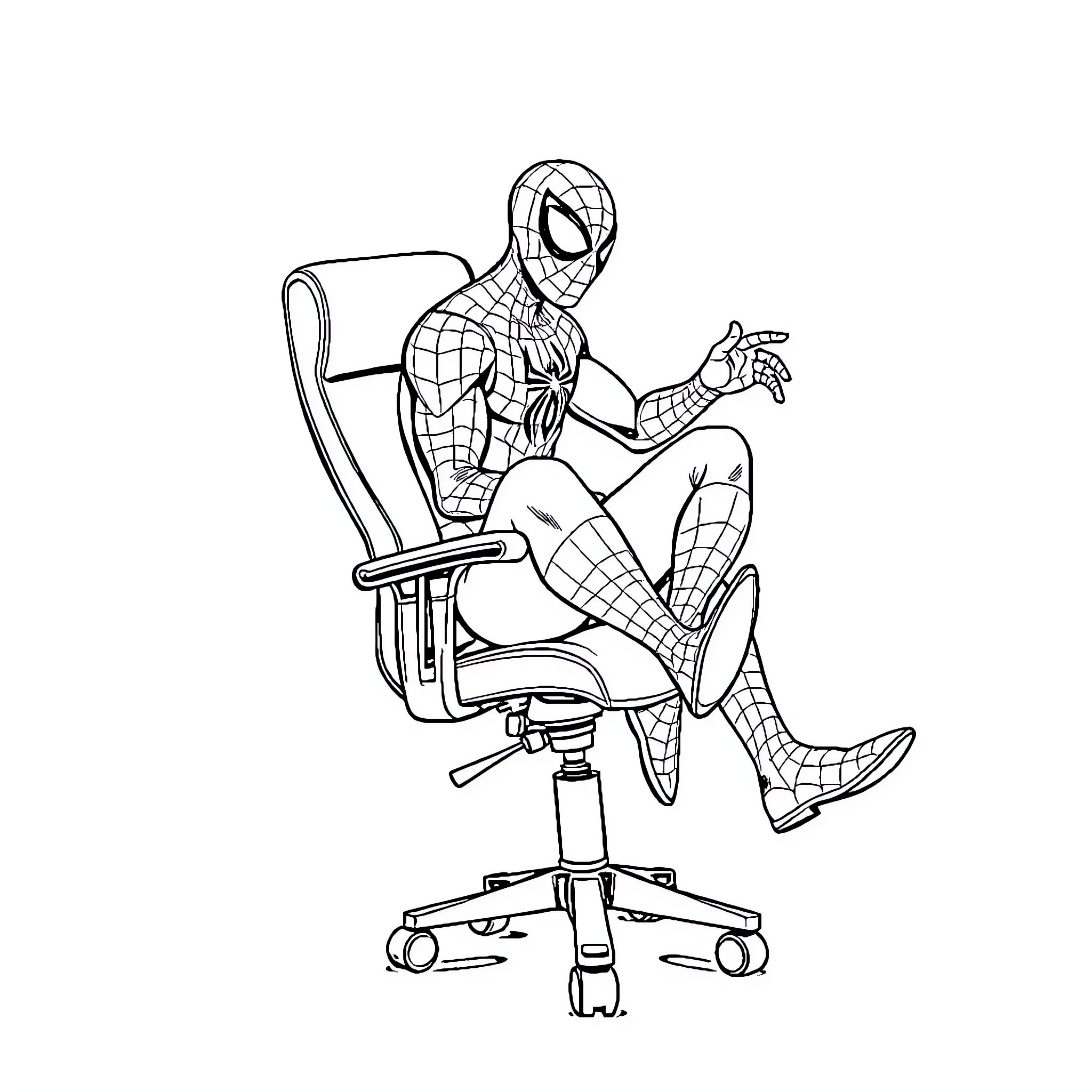 Spider-Man sitting on a swivel chair Coloring Page (free black-and-white line drawing printable PDF for all, from beginners to advanced learners, including children, teens, adults, and seniors)