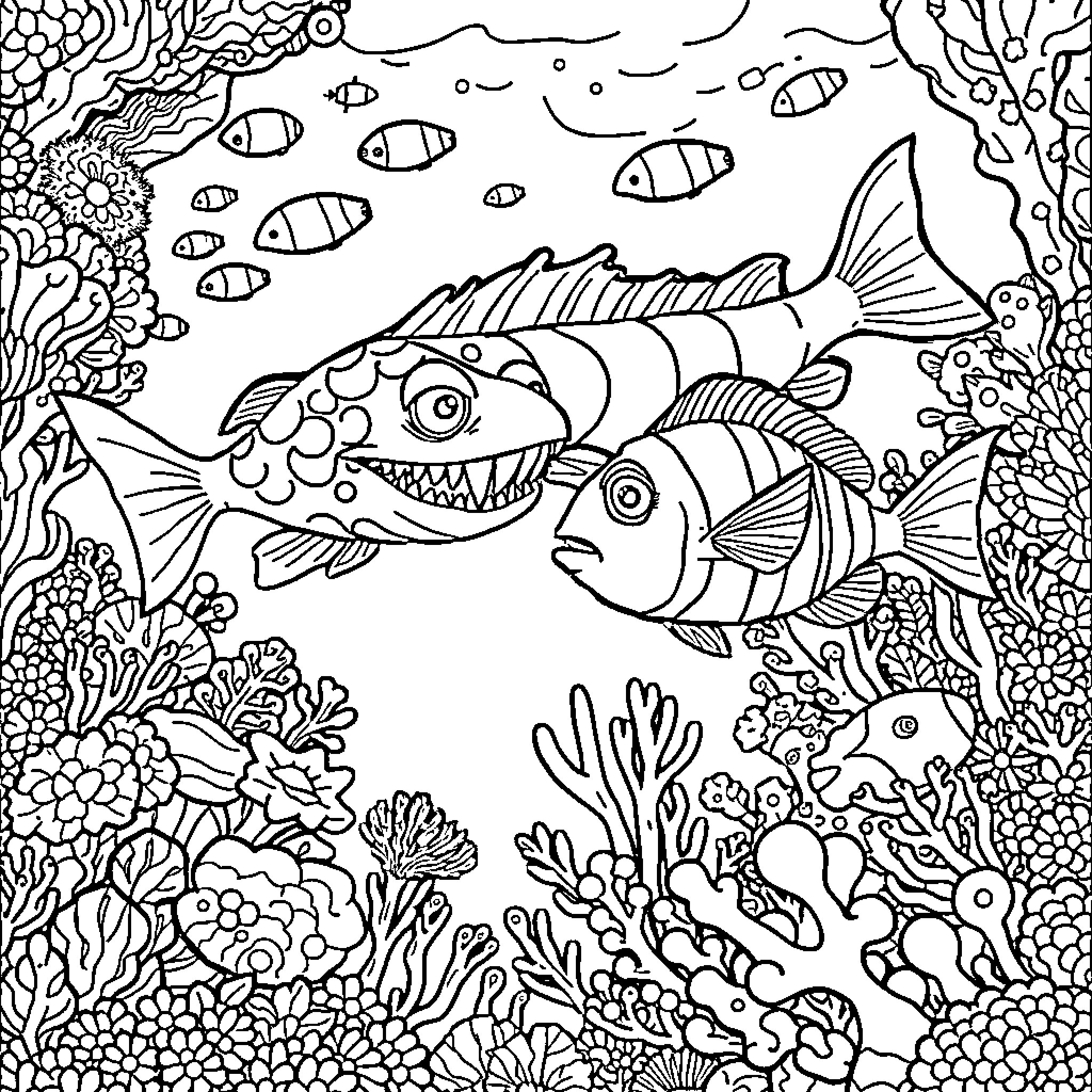 Sea Monster Playful Fish Underwater Scene Coloring Page (free black-and-white line drawing printable PDF for all, from beginners to advanced learners, including children, teens, adults, and seniors)