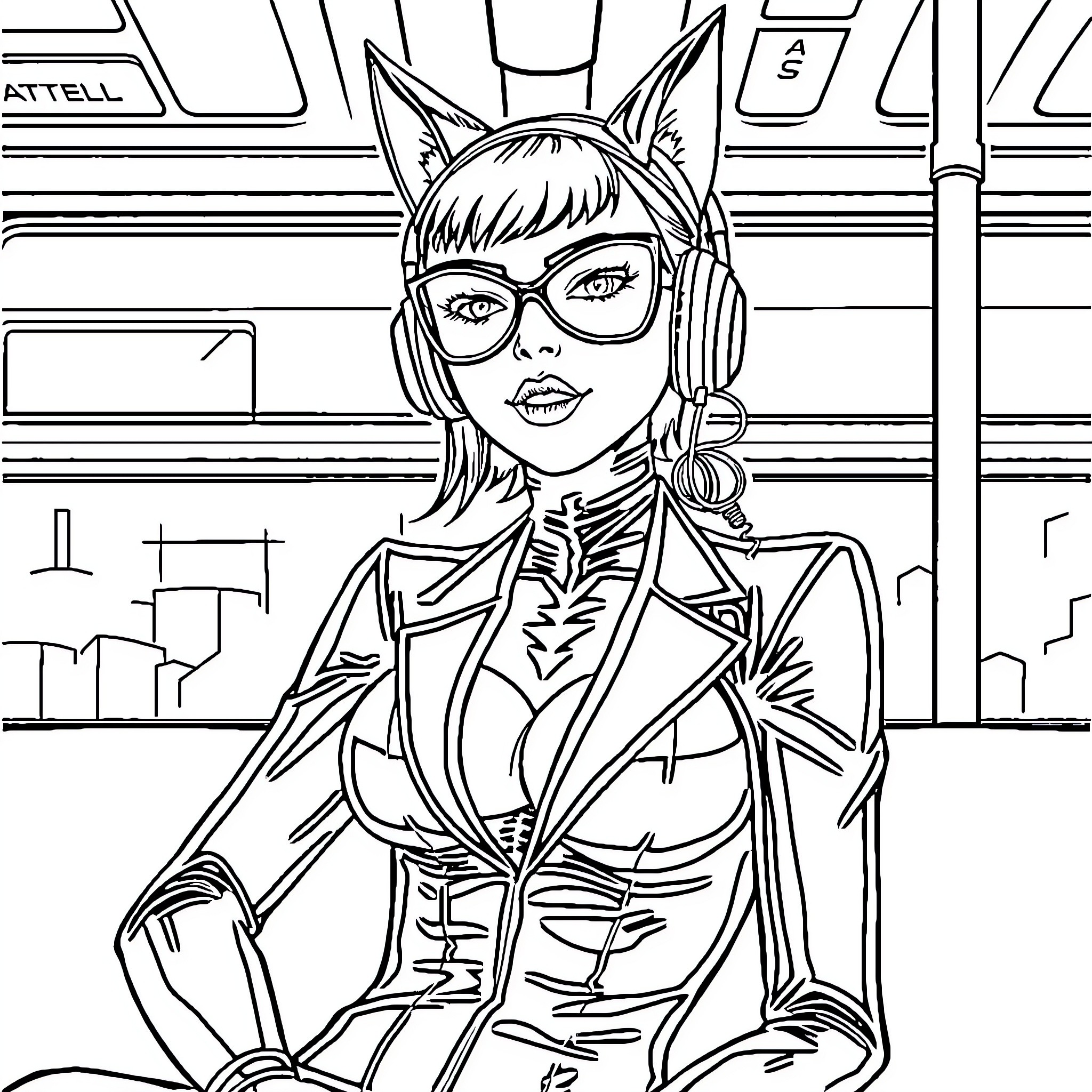 Catwoman Sitting Confidently in Futuristic Environment Coloring Page (free black-and-white line drawing printable PDF for all, from beginners to advanced learners, including children, teens, adults, and seniors)