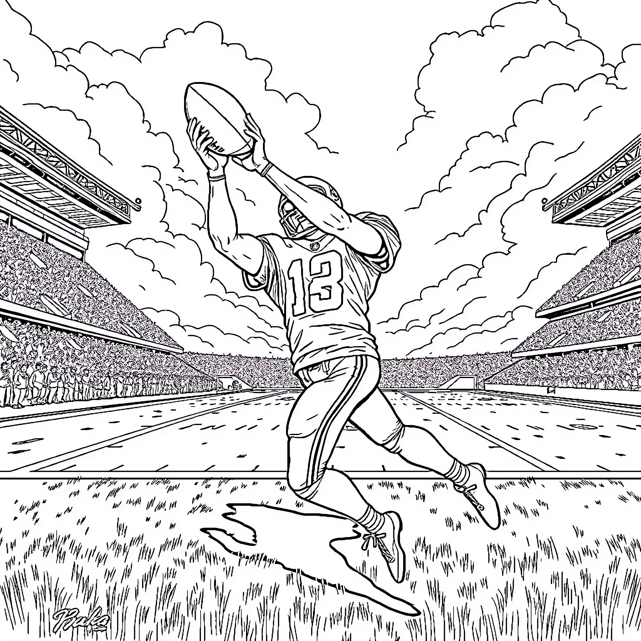 Puka Nacua making a touchdown catch on the field Coloring Page (free black-and-white line drawing printable PDF for all, from beginners to advanced learners, including children, teens, adults, and seniors)