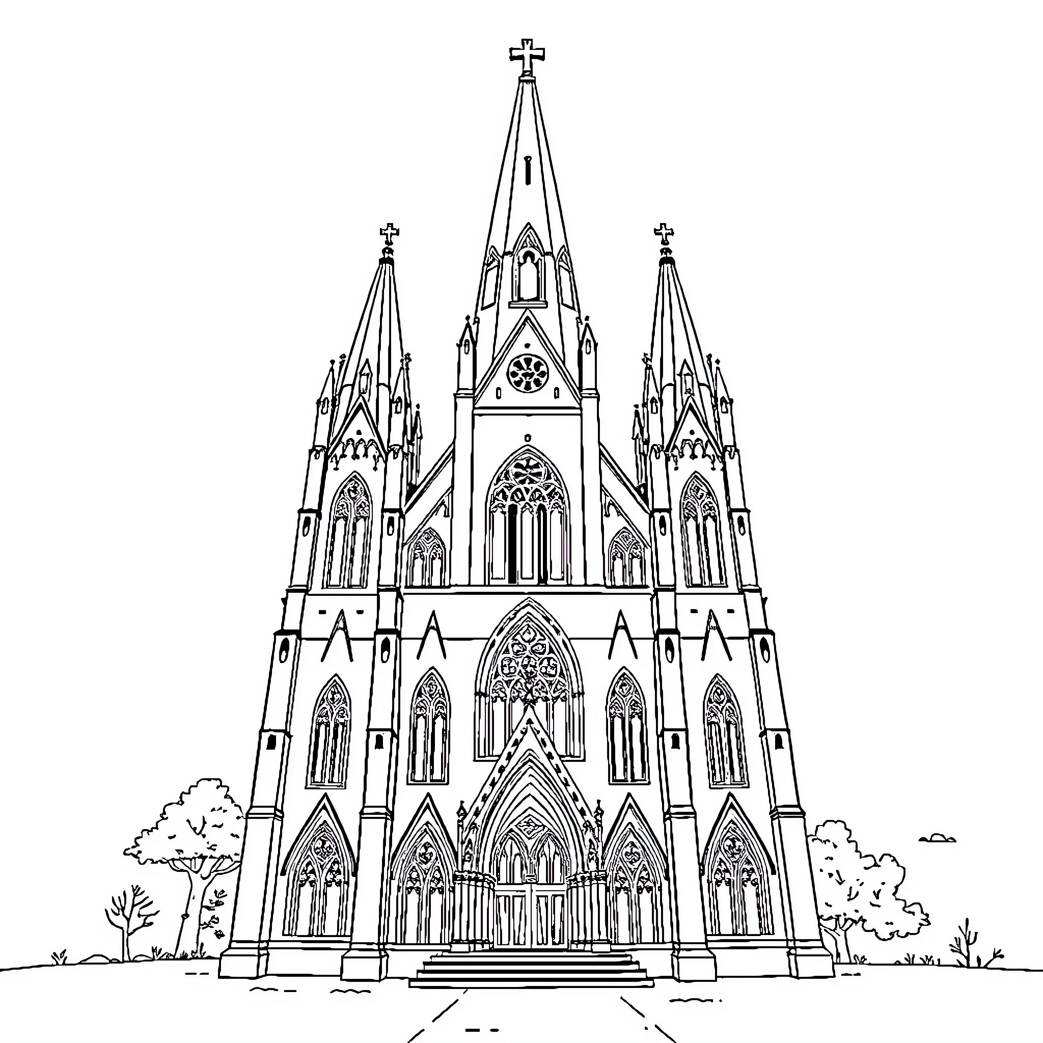 Church with Ornate Gothic Architectural Details Coloring Page (free black-and-white line drawing printable PDF for all, from beginners to advanced learners, including children, teens, adults, and seniors)