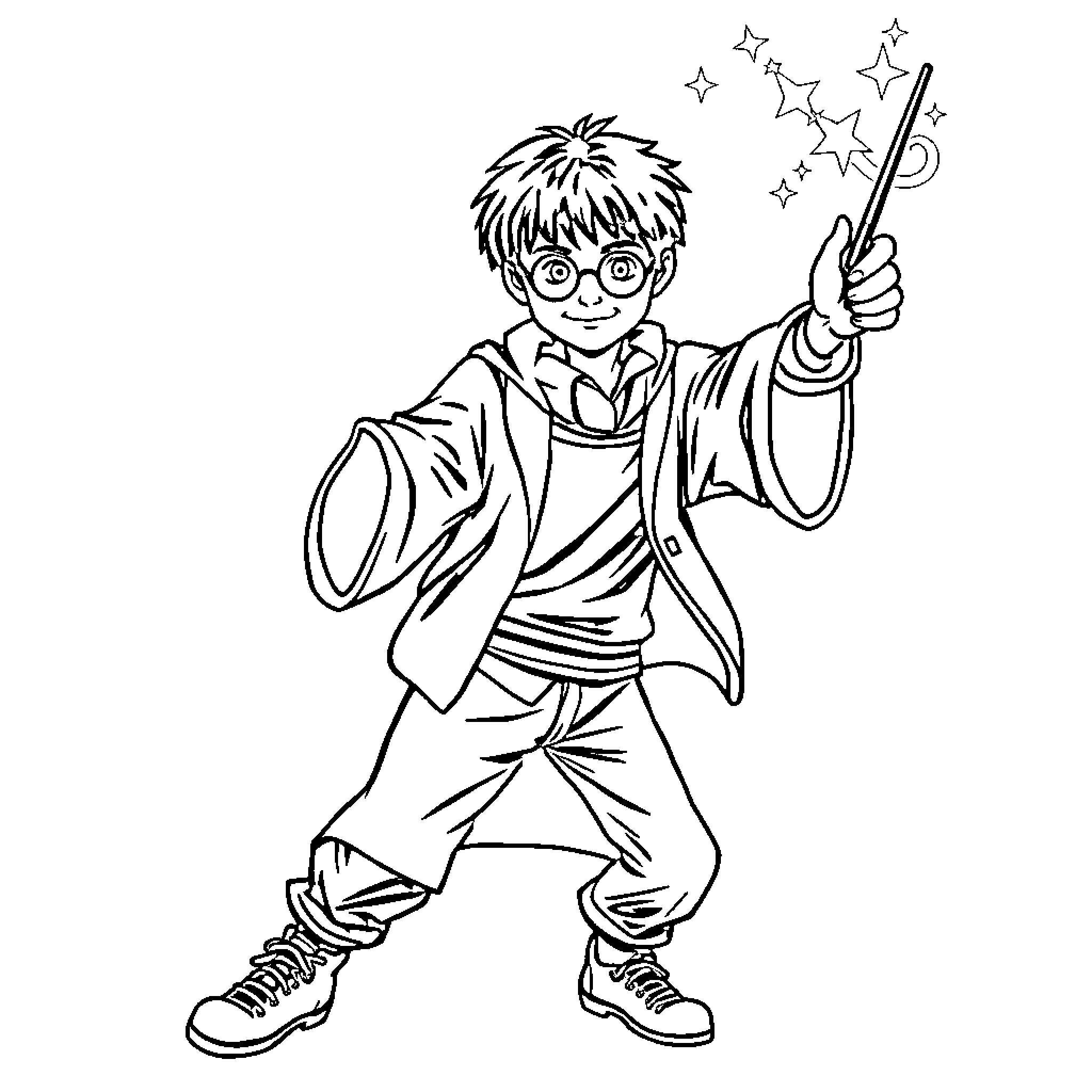 Magic Wand Wielding Young Wizard in Training Coloring Page (free black-and-white line drawing printable PDF for all, from beginners to advanced learners, including children, teens, adults, and seniors)