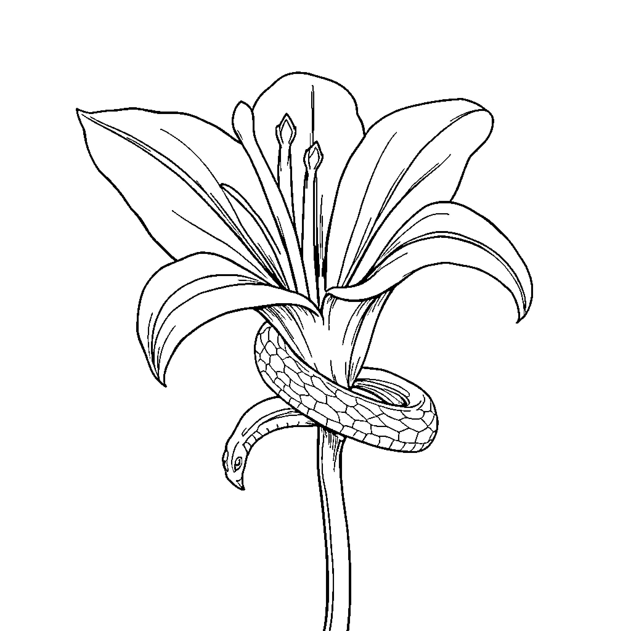 Lily with a Serpentine Stem Coloring Page (free black-and-white line drawing printable PDF for all, from beginners to advanced learners, including children, teens, adults, and seniors)