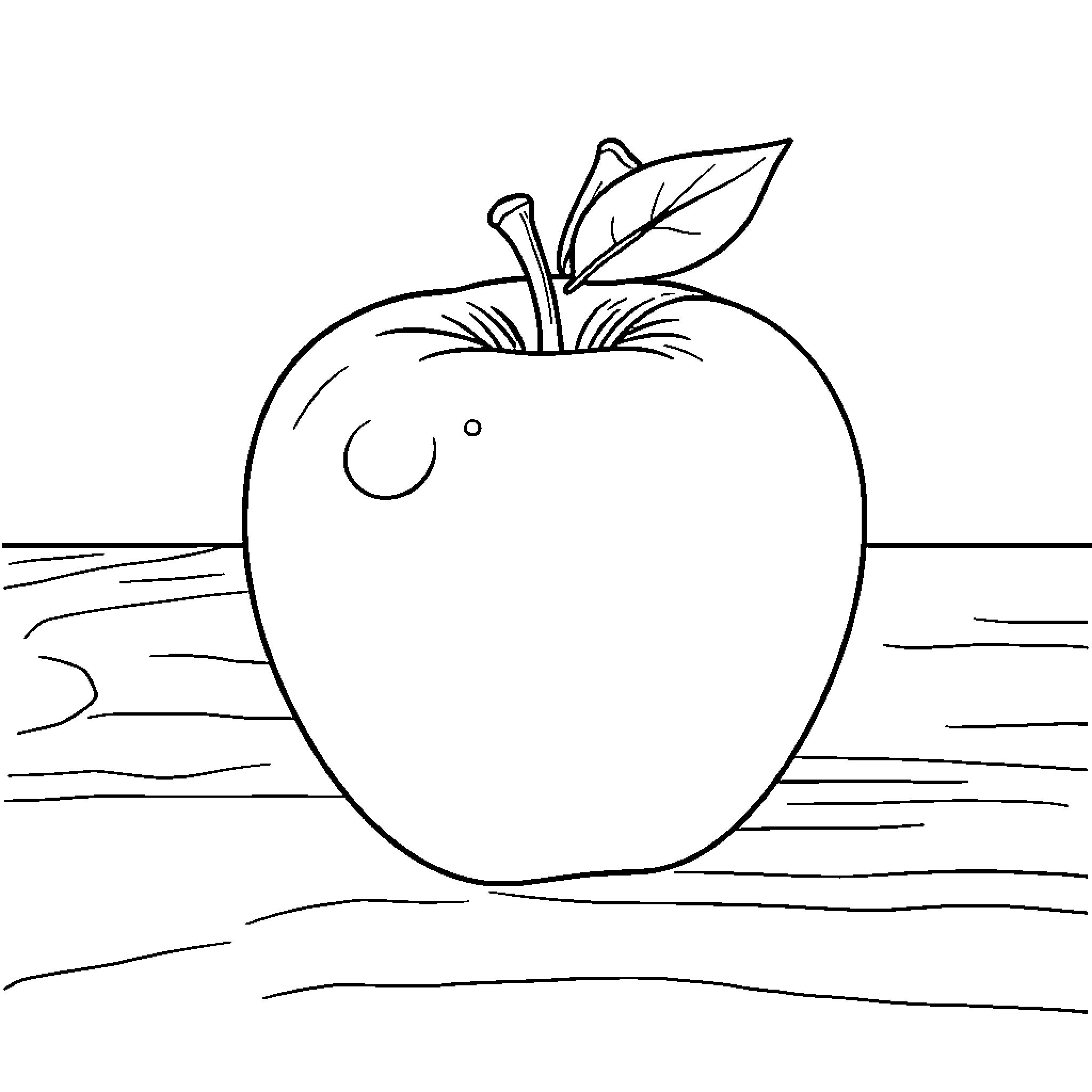 Apple Simple Outline Drawing on Wooden Surface Coloring Page (free black-and-white line drawing printable PDF for all, from beginners to advanced learners, including children, teens, adults, and seniors)