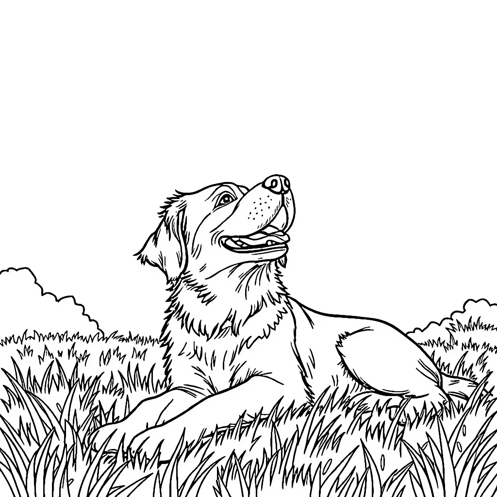 Dog sitting calmly in grassy field Coloring Page (free black-and-white line drawing printable PDF for all, from beginners to advanced learners, including children, teens, adults, and seniors)