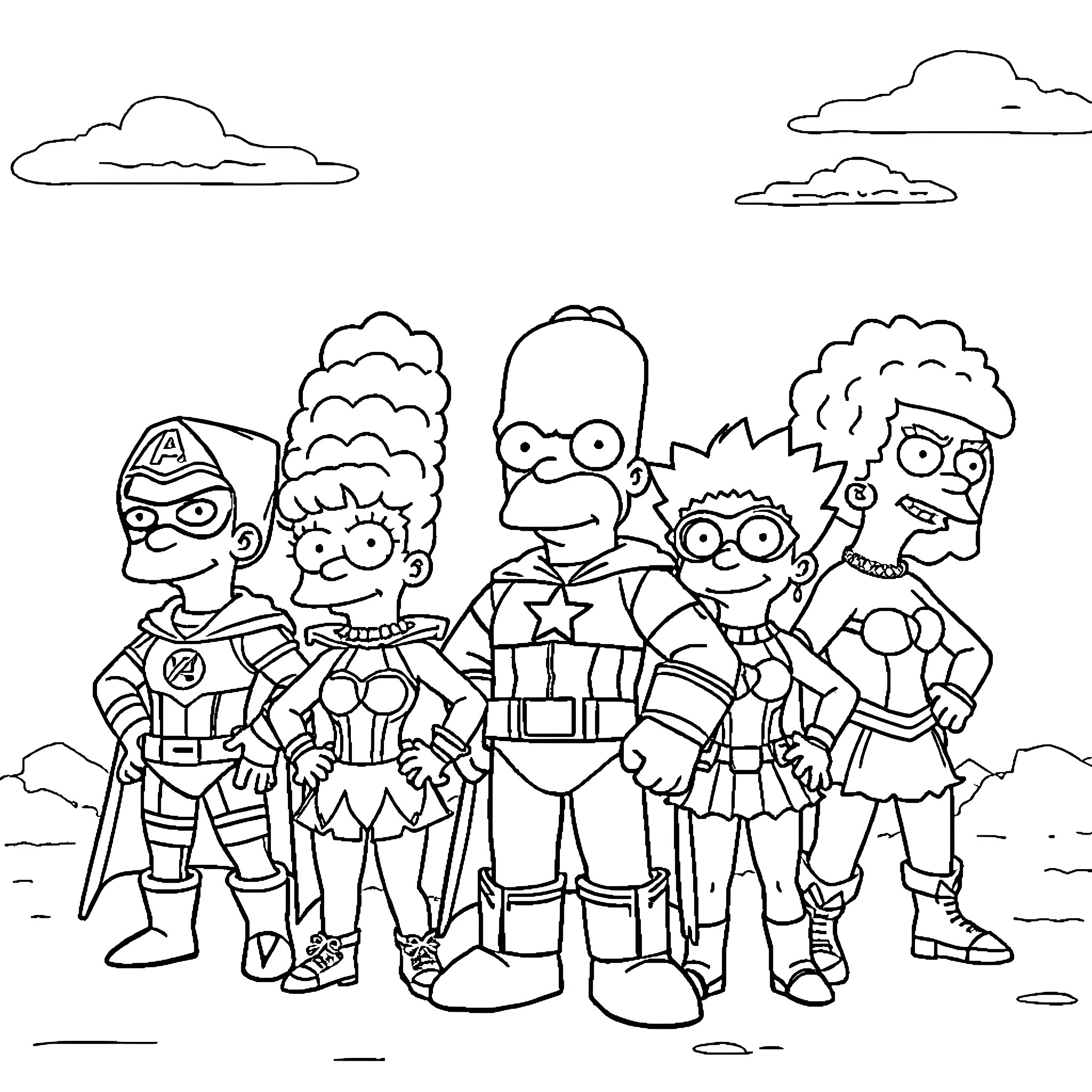 Simpsons characters dressed as superheroes Coloring Page (free black-and-white line drawing printable PDF for all, from beginners to advanced learners, including children, teens, adults, and seniors)