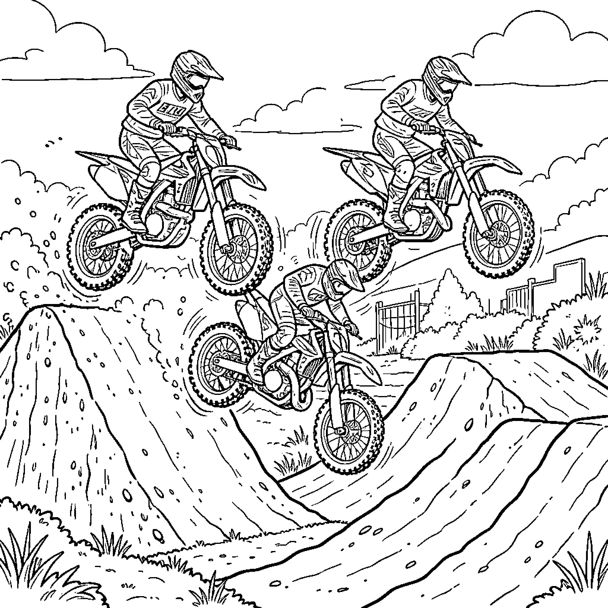 Motocross riders navigating challenging terrain Coloring Page (free black-and-white line drawing printable PDF for all, from beginners to advanced learners, including children, teens, adults, and seniors)