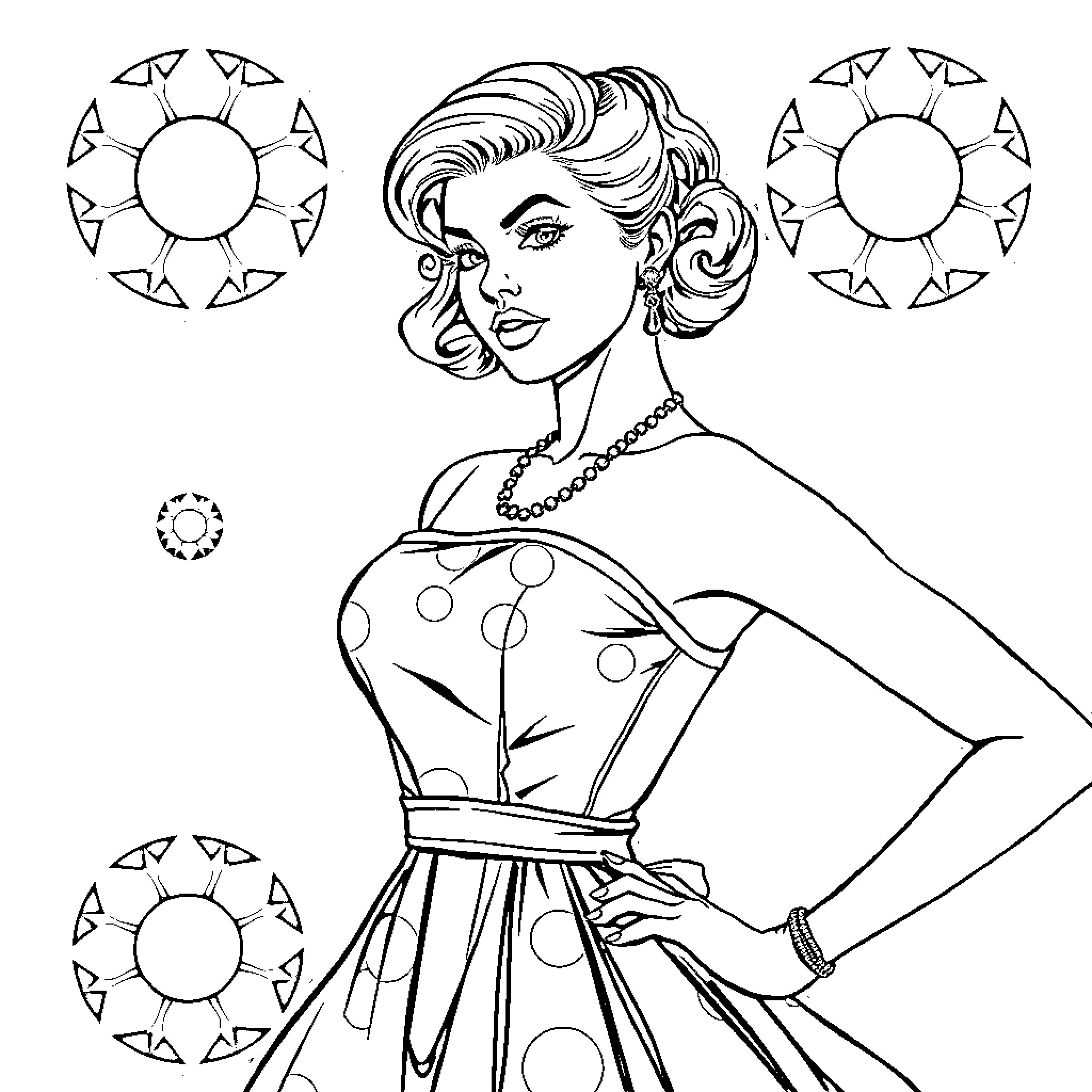 Pin Up Girl Posing with Retro Style Coloring Page (free black-and-white line drawing printable PDF for all, from beginners to advanced learners, including children, teens, adults, and seniors)