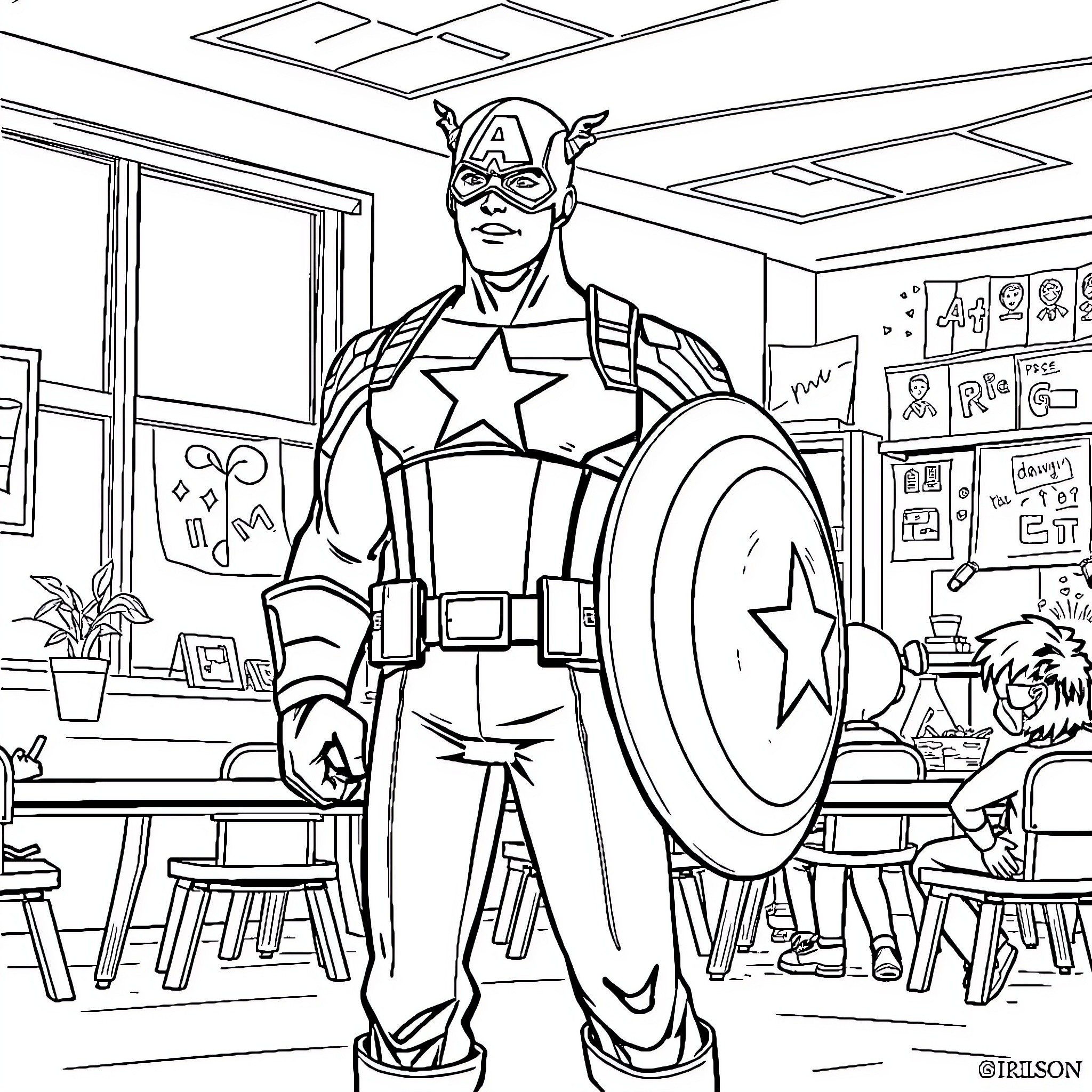 Captain America Stands Tall in Classroom Coloring Page (free black-and-white line drawing printable PDF for all, from beginners to advanced learners, including children, teens, adults, and seniors)