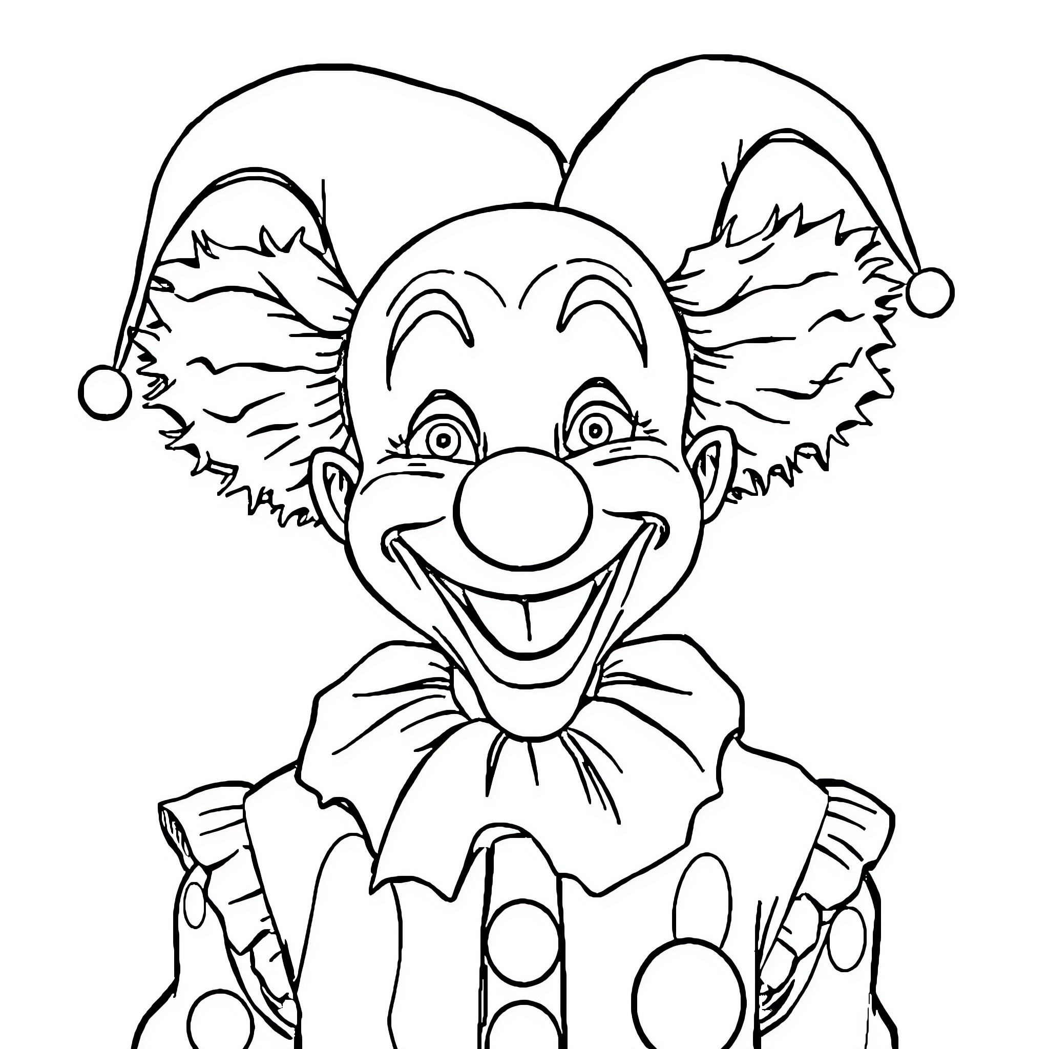 Clown with Animated Expression and Colorful Costume Coloring Page (free black-and-white line drawing printable PDF for all, from beginners to advanced learners, including children, teens, adults, and seniors)