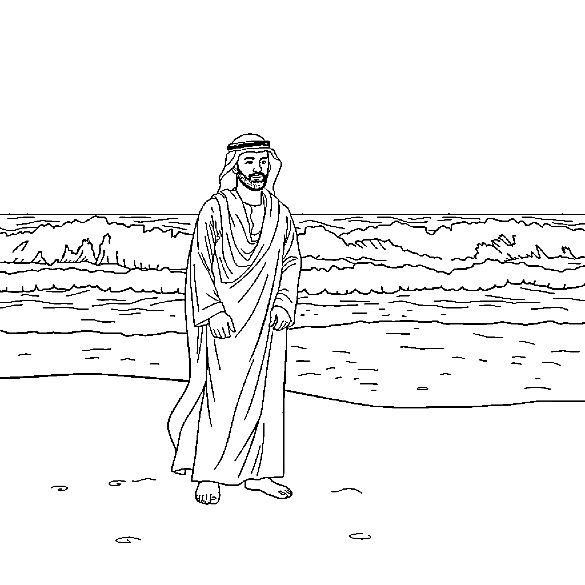 Omar standing peacefully by the shore Coloring Page (free black-and-white line drawing printable PDF for all, from beginners to advanced learners, including children, teens, adults, and seniors)