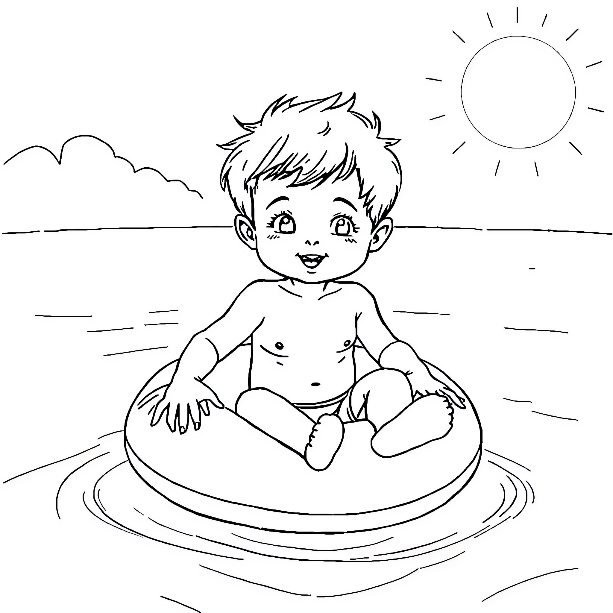 Boy relaxing in inflatable pool on sunny day Coloring Page (free black-and-white line drawing printable PDF for all, from beginners to advanced learners, including children, teens, adults, and seniors)
