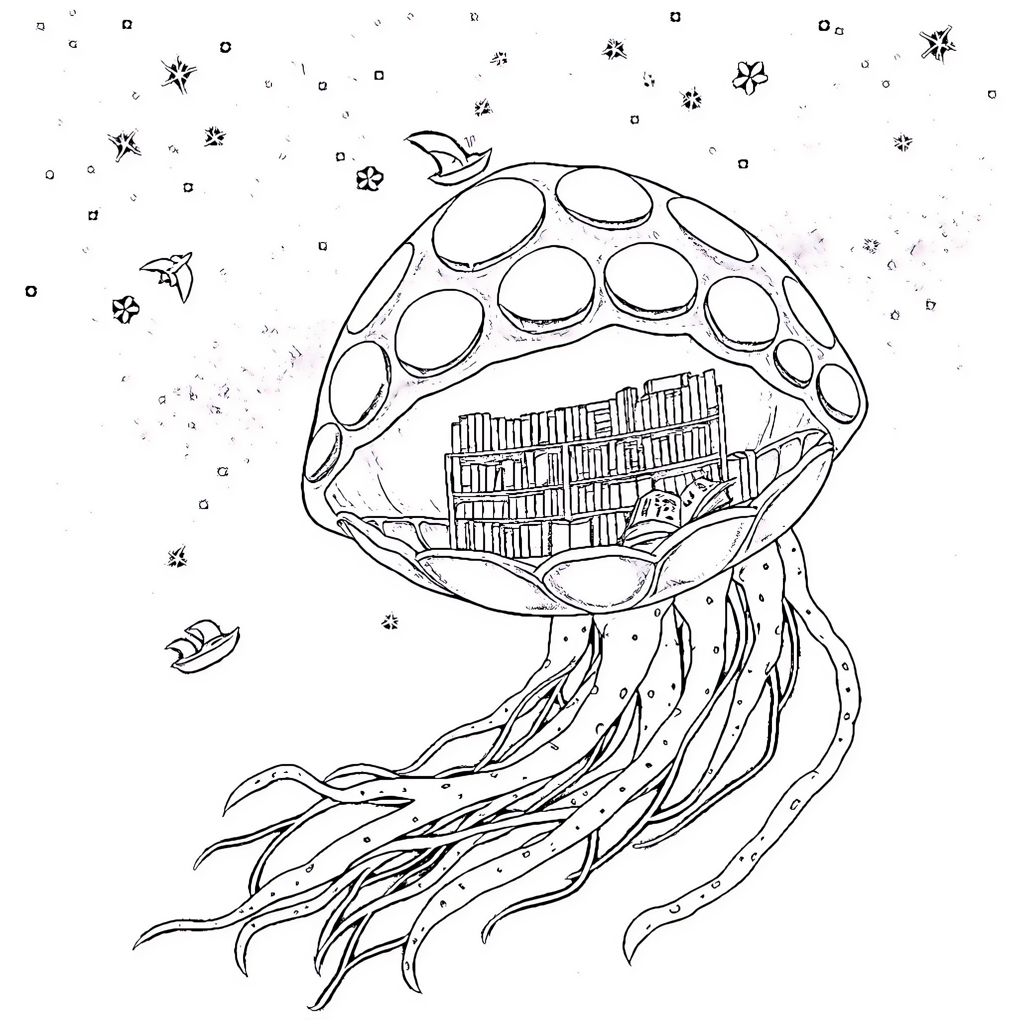 Library of Celestial Jellyfish Coloring Page (free black-and-white line drawing printable PDF for all, from beginners to advanced learners, including children, teens, adults, and seniors)