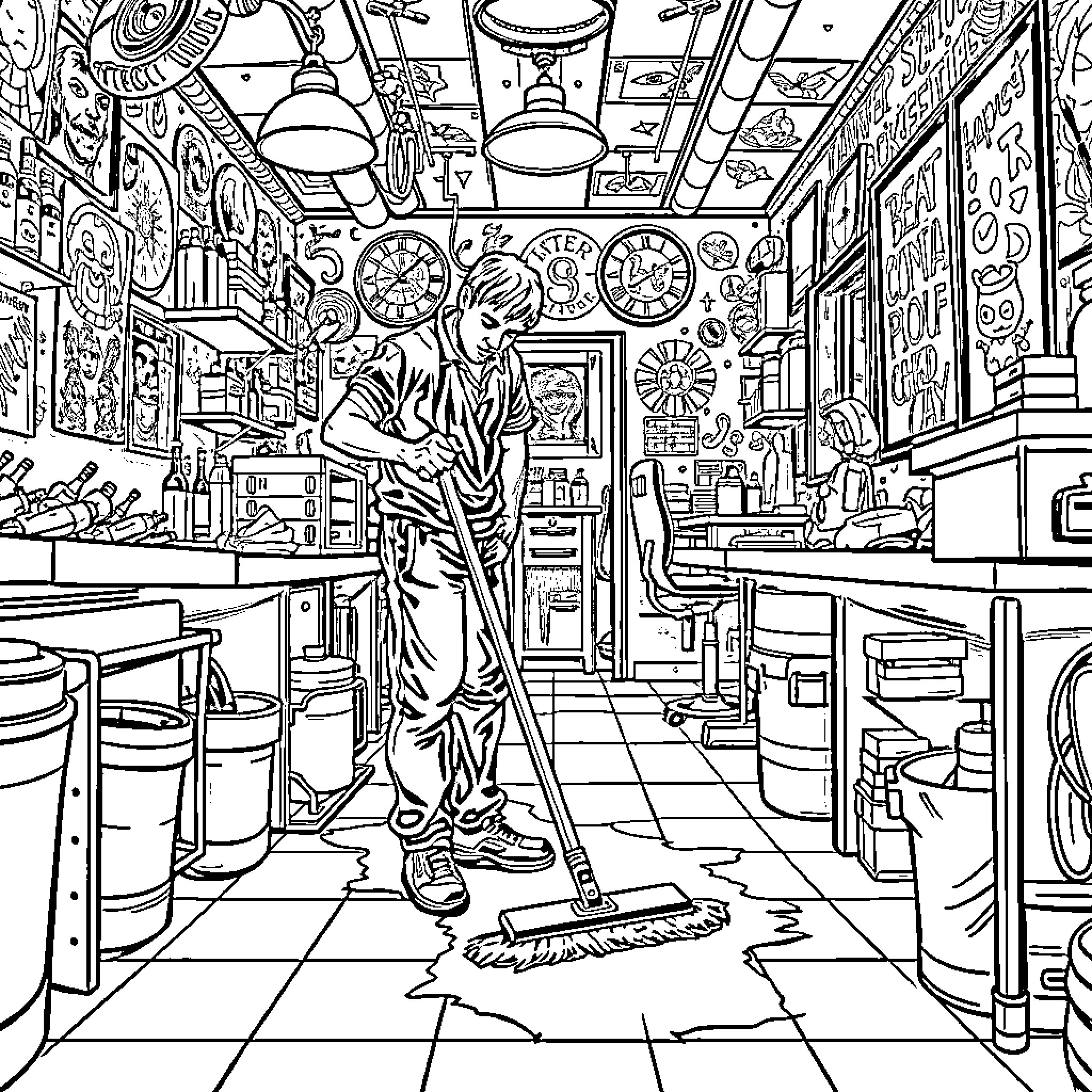 Tattoo Parlor: A Vibrant Workspace Revealed Coloring Page (free black-and-white line drawing printable PDF for all, from beginners to advanced learners, including children, teens, adults, and seniors)