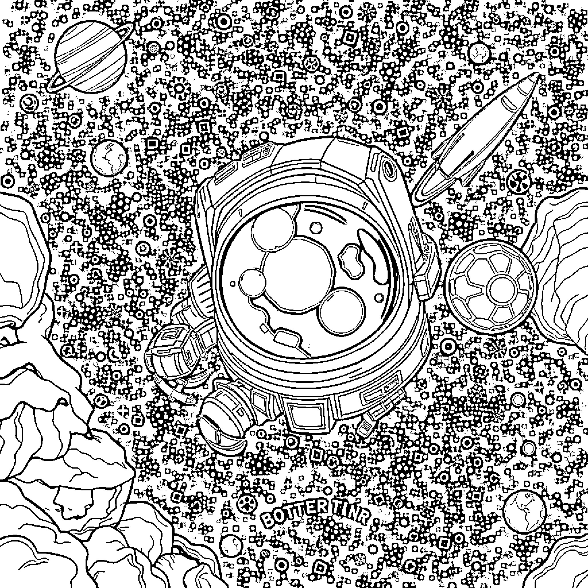 Space exploration with futuristic spacecraft Coloring Page (free black-and-white line drawing printable PDF for all, from beginners to advanced learners, including children, teens, adults, and seniors)