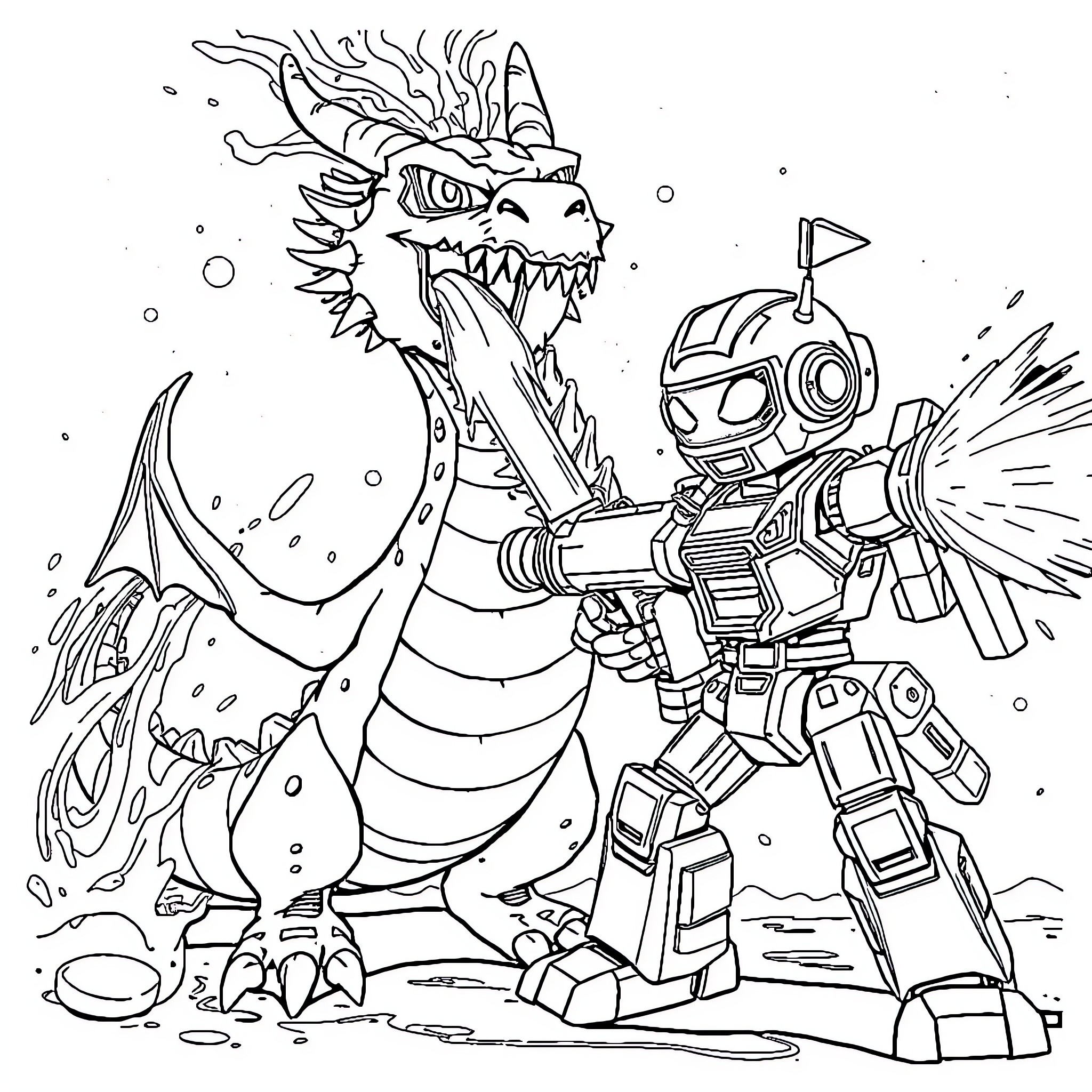 Dragon warrior confronting a fierce robotic creature Coloring Page (free black-and-white line drawing printable PDF for all, from beginners to advanced learners, including children, teens, adults, and seniors)