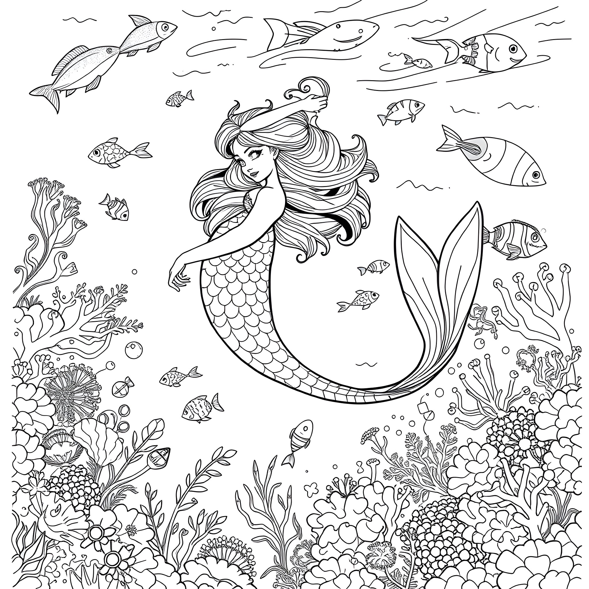 Mermista enjoying the underwater world Coloring Page (free black-and-white line drawing printable PDF for all, from beginners to advanced learners, including children, teens, adults, and seniors)