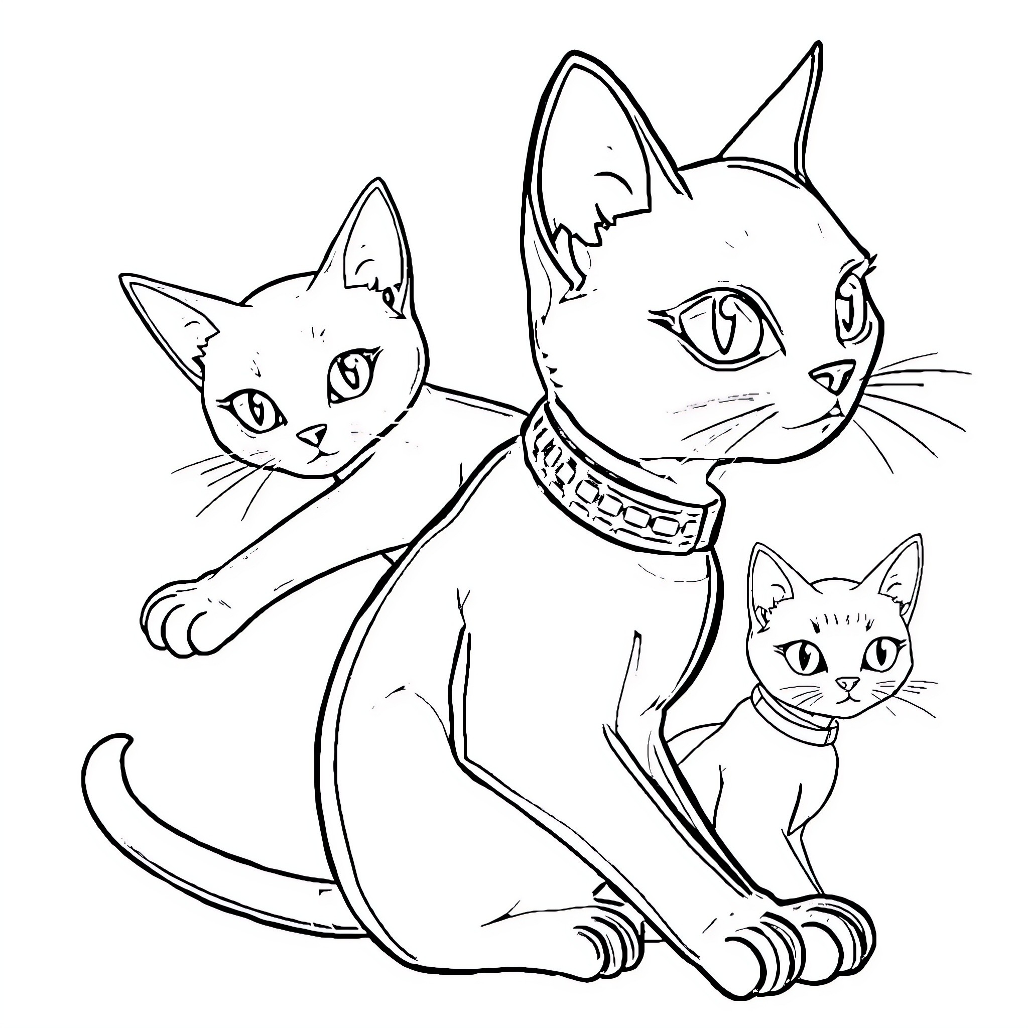 Cats in Playful Poses Coloring Page (free black-and-white line drawing printable PDF for all, from beginners to advanced learners, including children, teens, adults, and seniors)