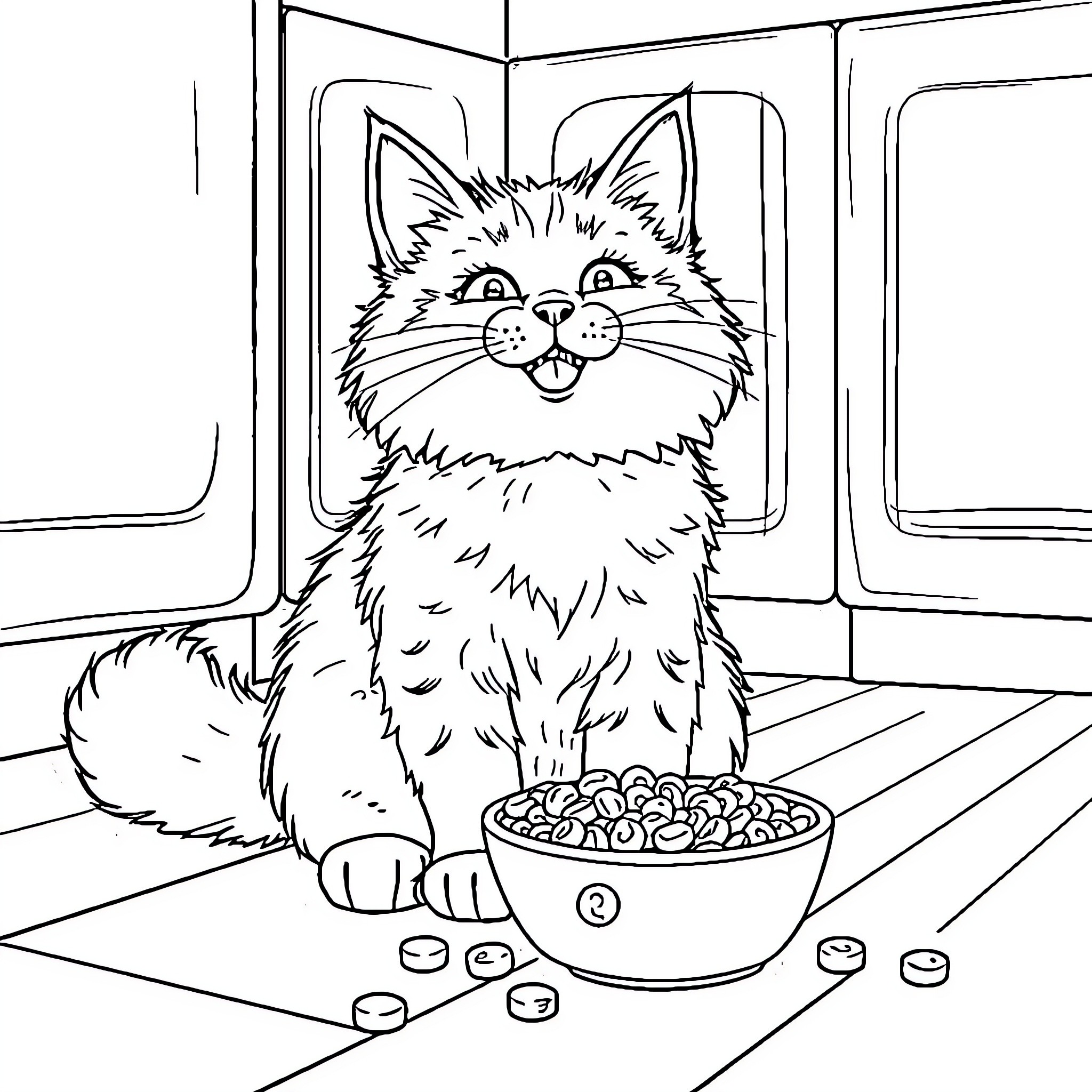 Cat enjoying a bowl of treats Coloring Page (free black-and-white line drawing printable PDF for all, from beginners to advanced learners, including children, teens, adults, and seniors)