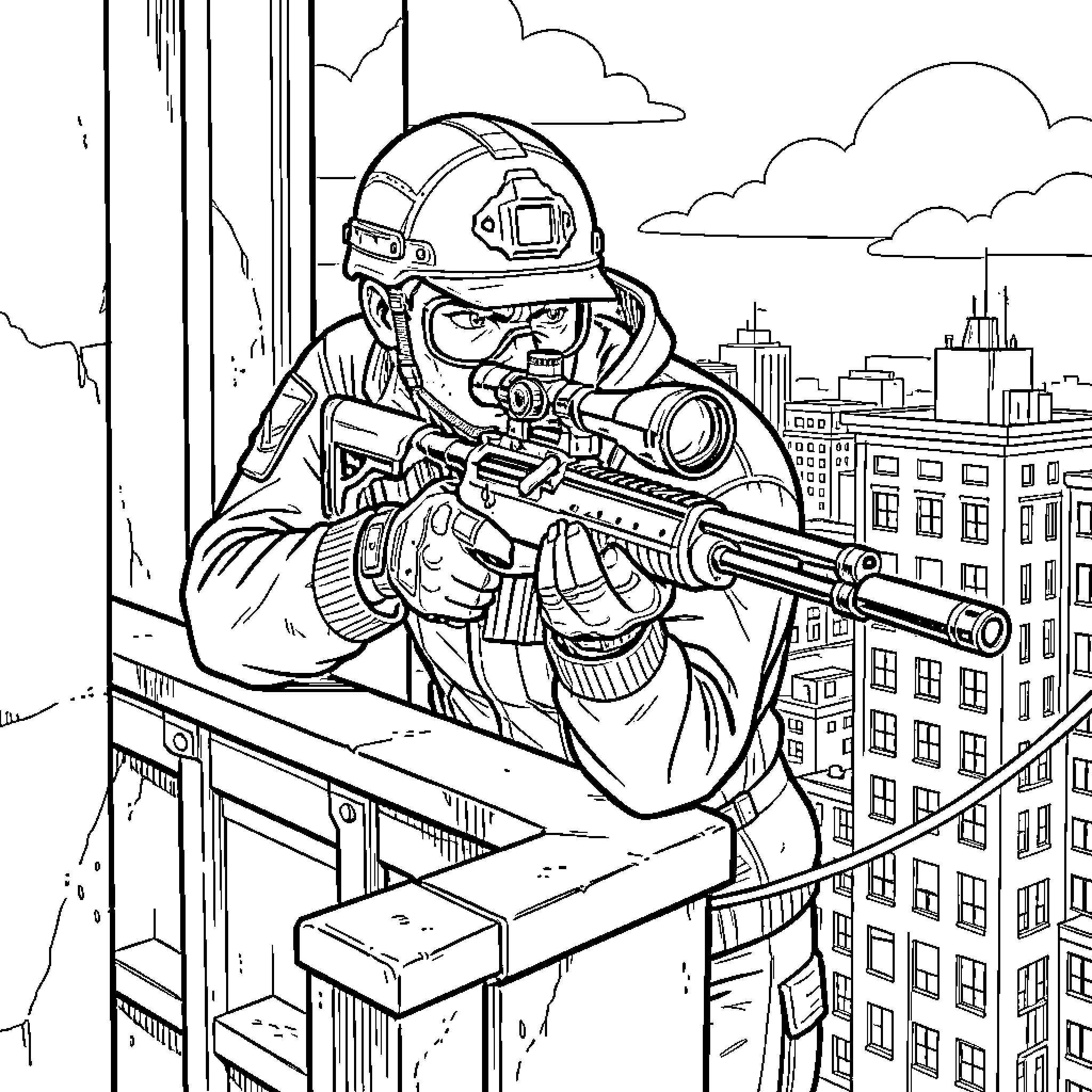 Sniper aiming rifle from a high urban balcony Coloring Page (free black-and-white line drawing printable PDF for all, from beginners to advanced learners, including children, teens, adults, and seniors)