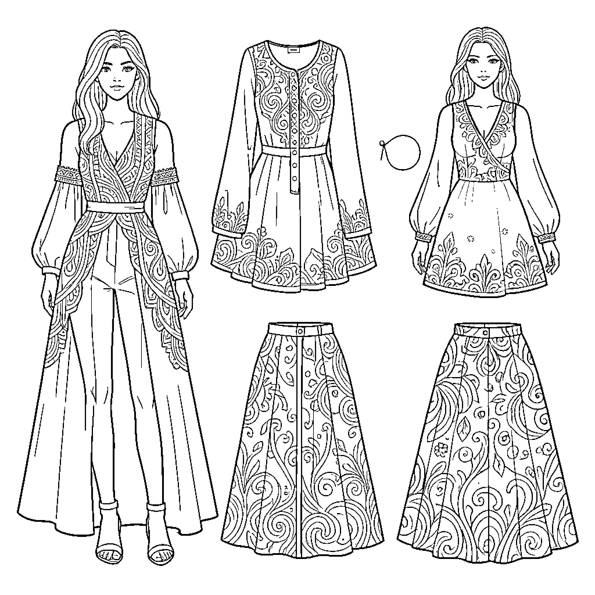 Fashion sketches of women in elegant patterned outfits Coloring Page (free black-and-white line drawing printable PDF for all, from beginners to advanced learners, including children, teens, adults, and seniors)